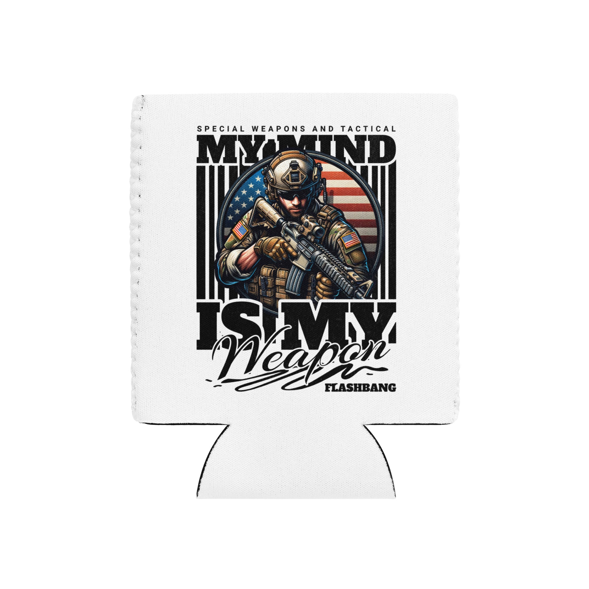 White can cooler with military-themed design and text on a white background