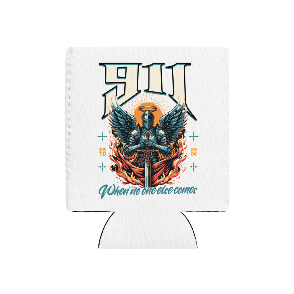 White can cooler with a graphic design of a knight and text on a white background