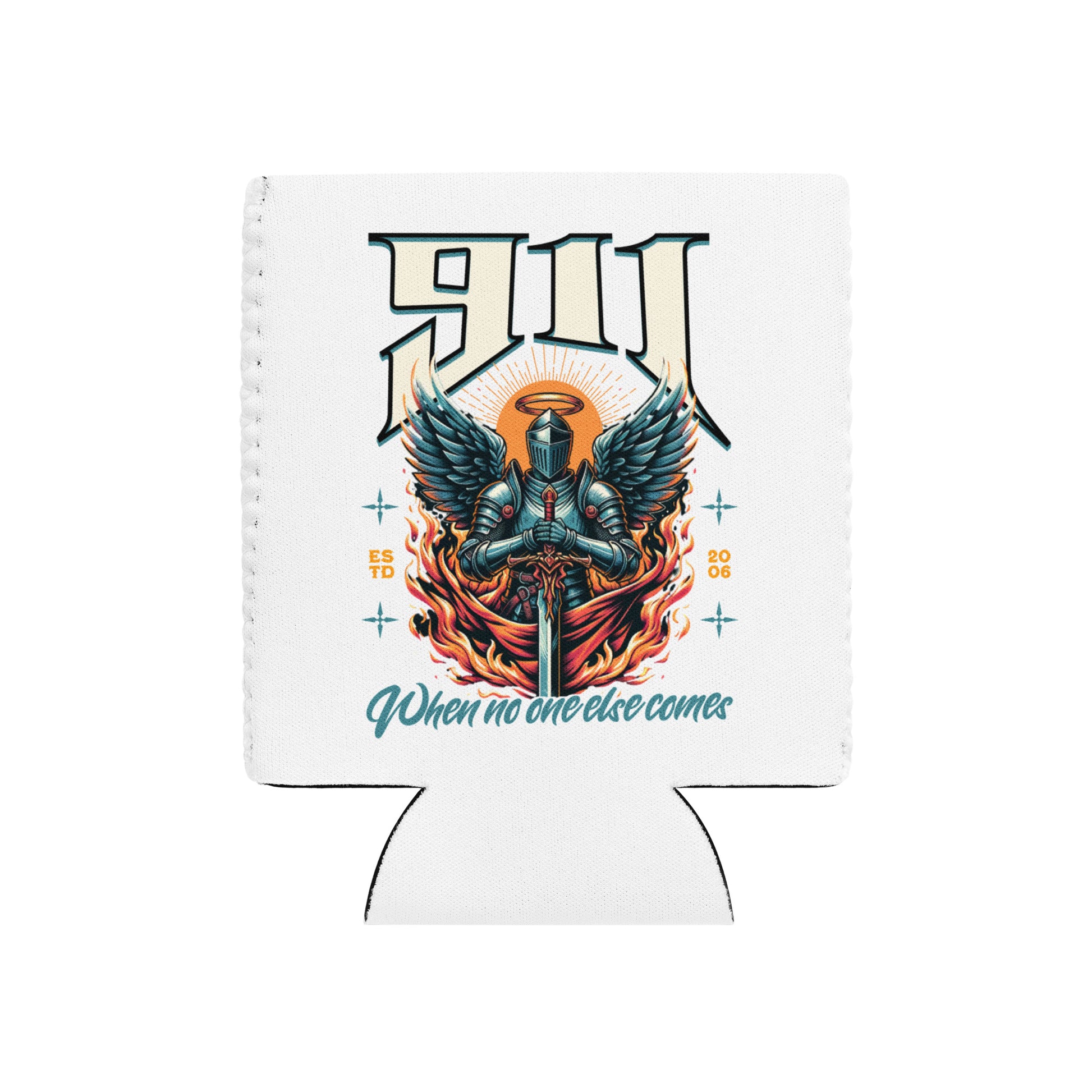 White can cooler with a graphic design of a knight and text on a white background