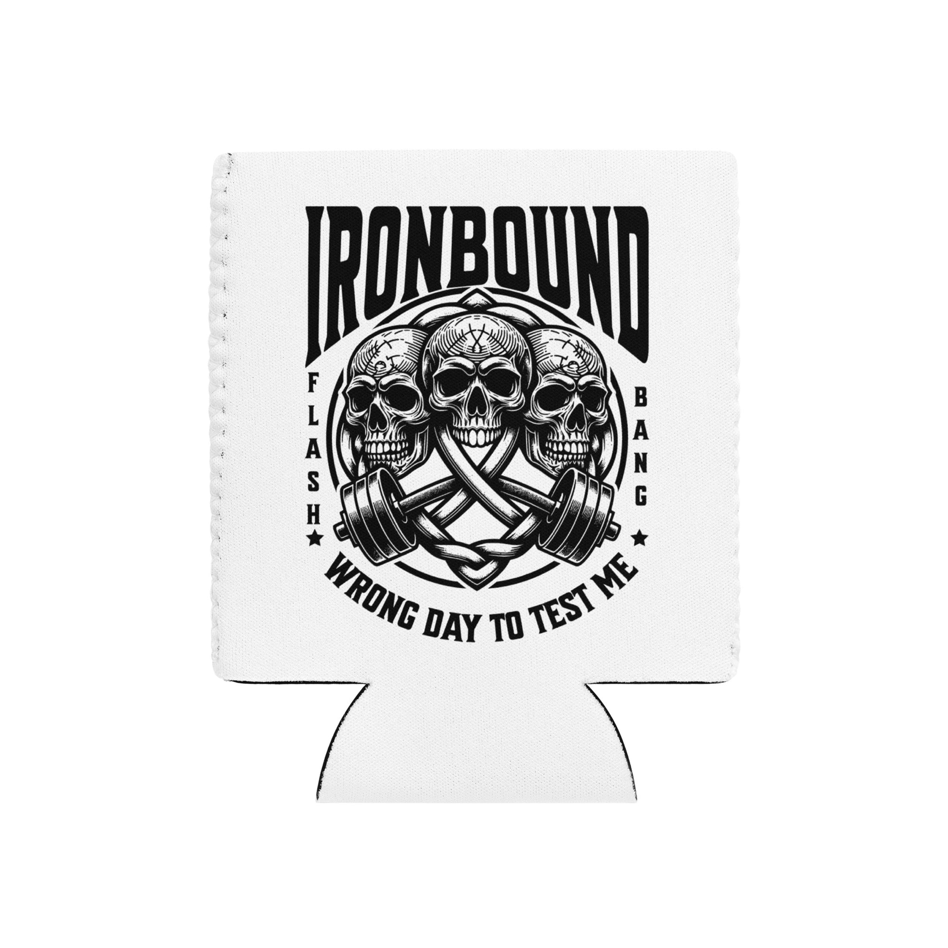 White can cooler with black skull and barbell design and 'Ironbound' text on a white background