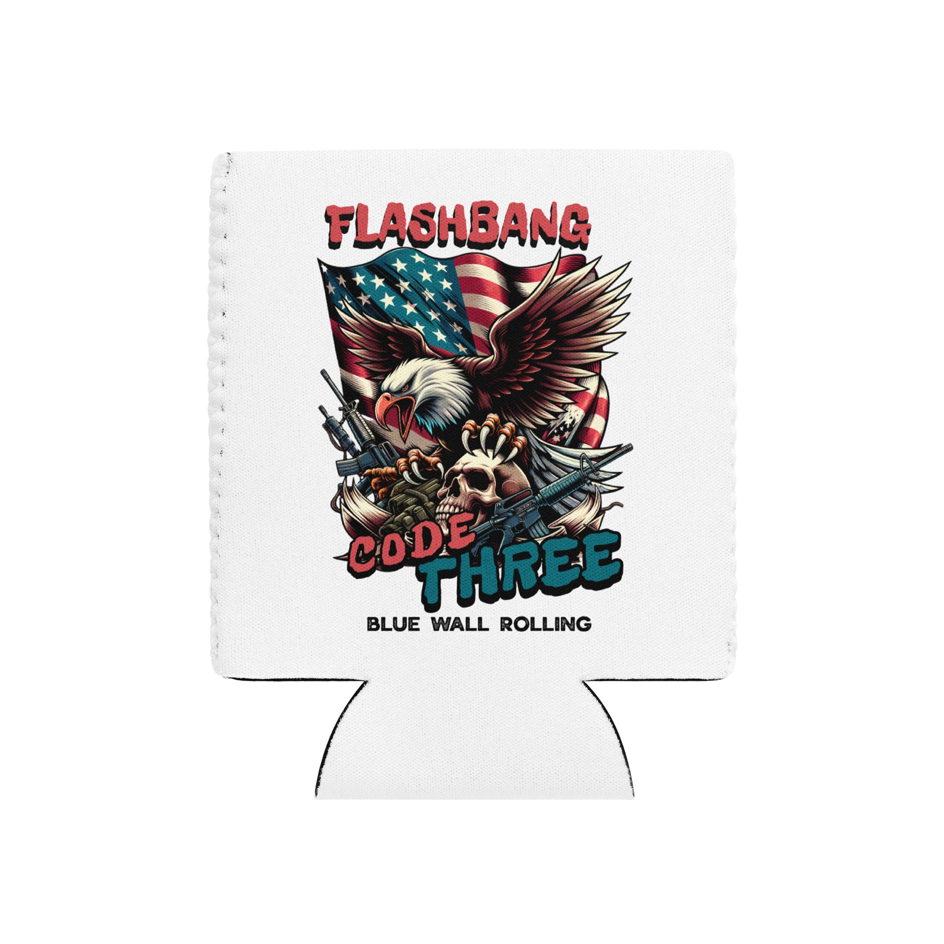 Koozie with 'Flashbang Code Three' design featuring an eagle and skull on a white background