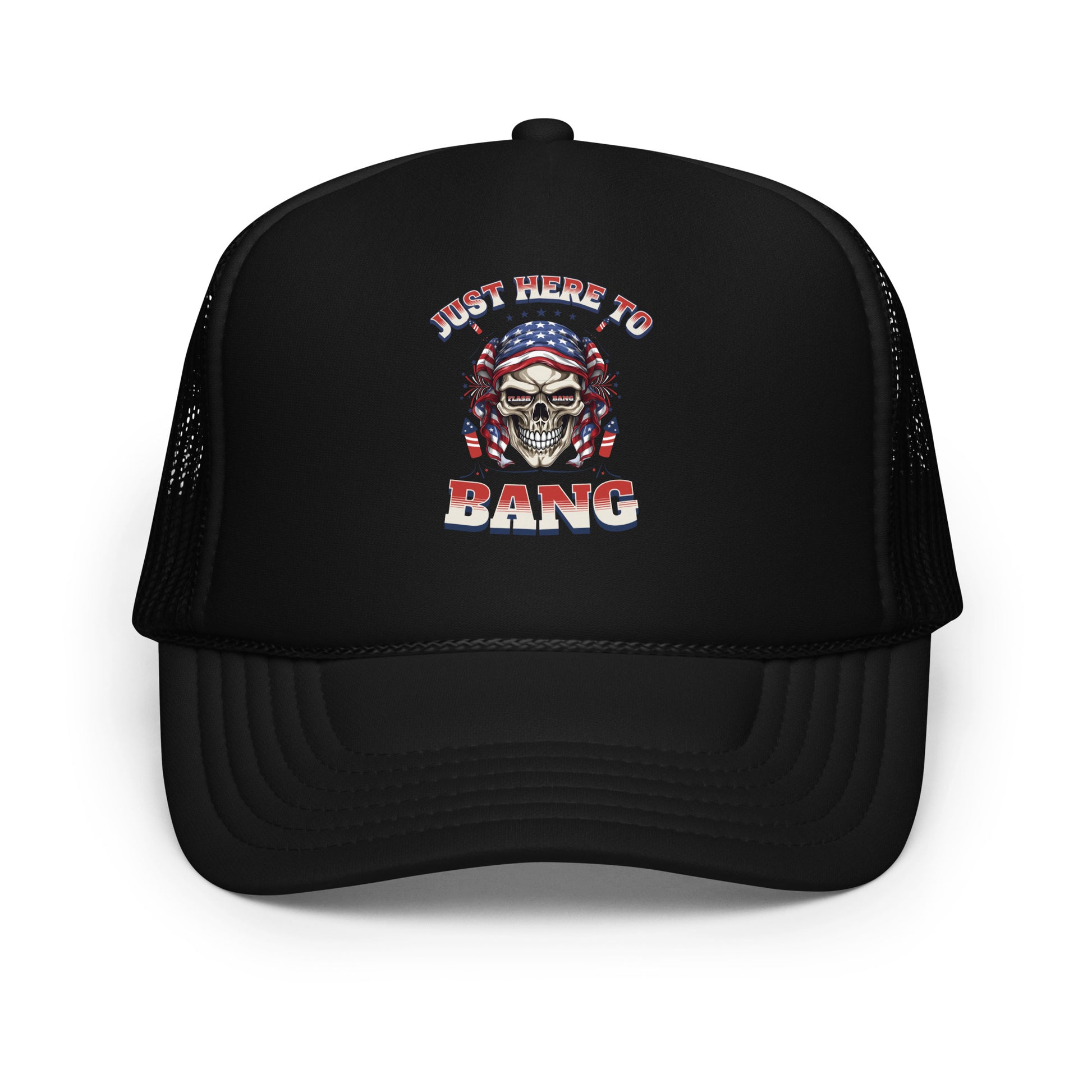 Black trucker cap with skull and American flag design on a white background