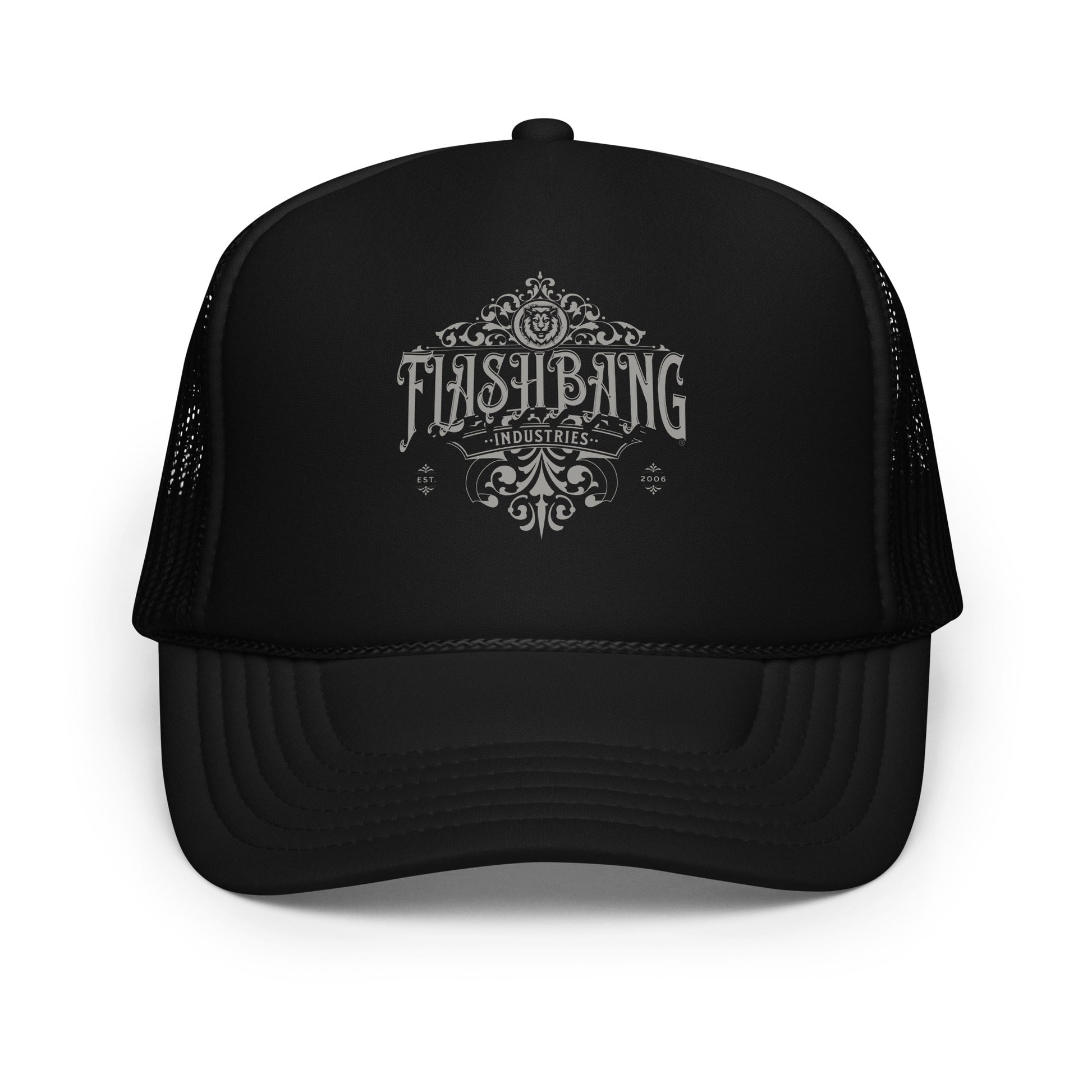 Black trucker cap with 'Flashbang Industries' logo on a white background