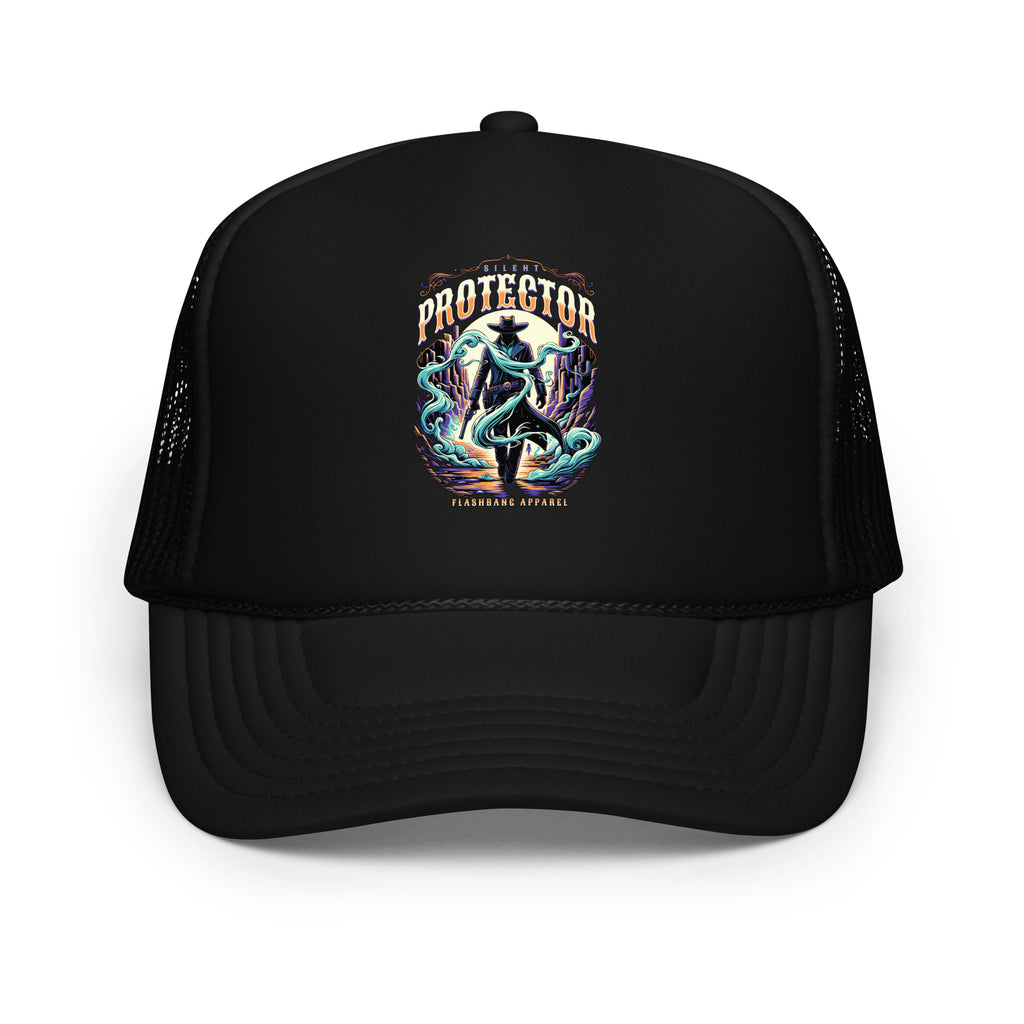 Black trucker cap with colorful graphic and text on a white background