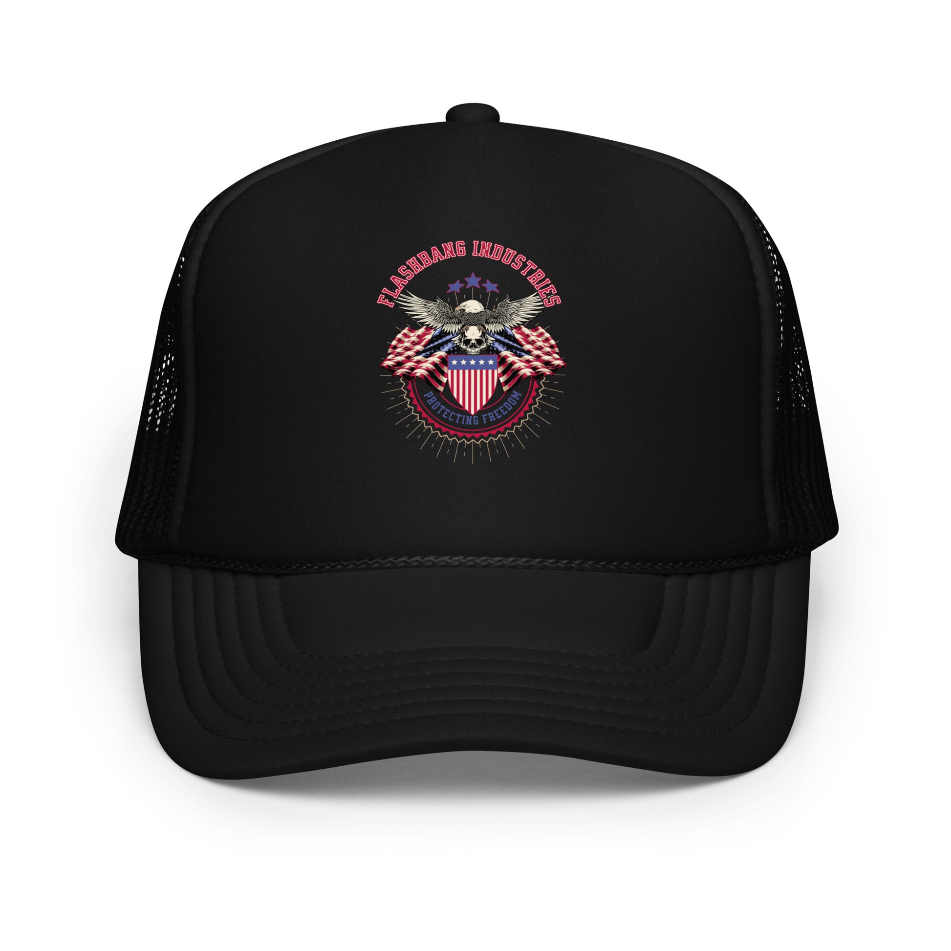 Black trucker cap with embroidered design on a white background