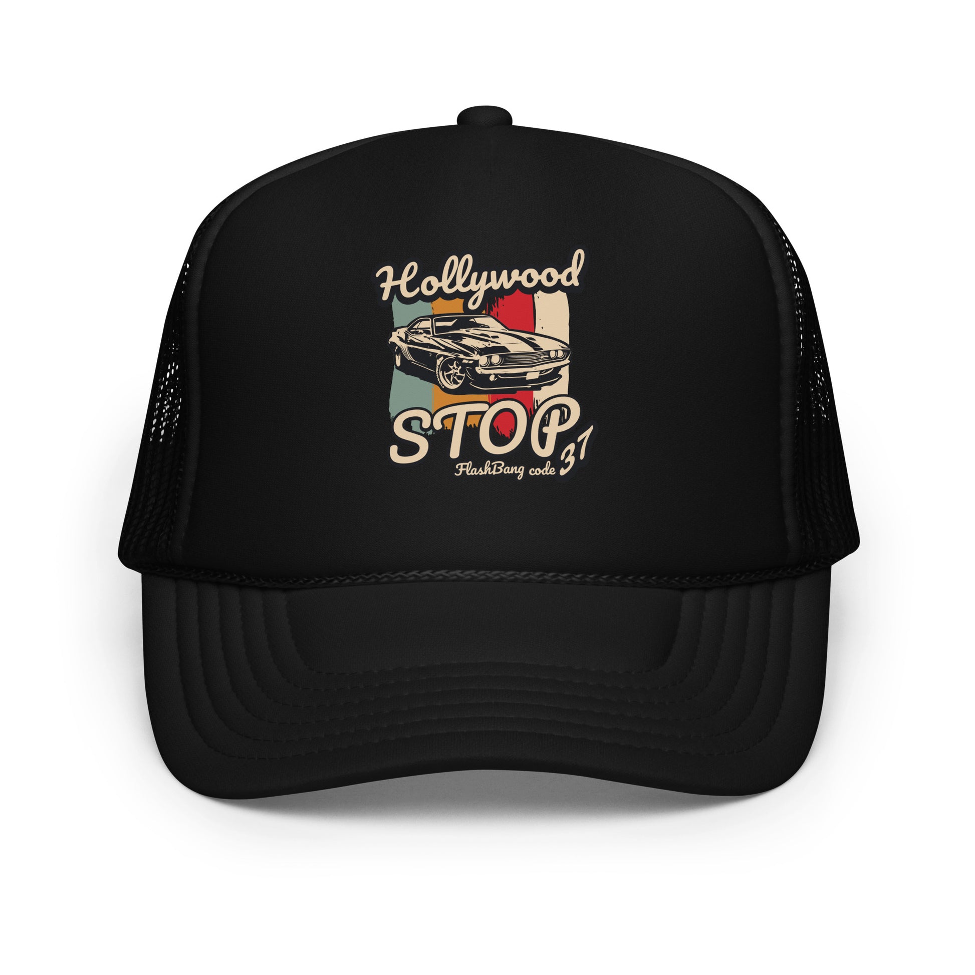 Black trucker hat with 'Hollywood Stop' graphic on a white background