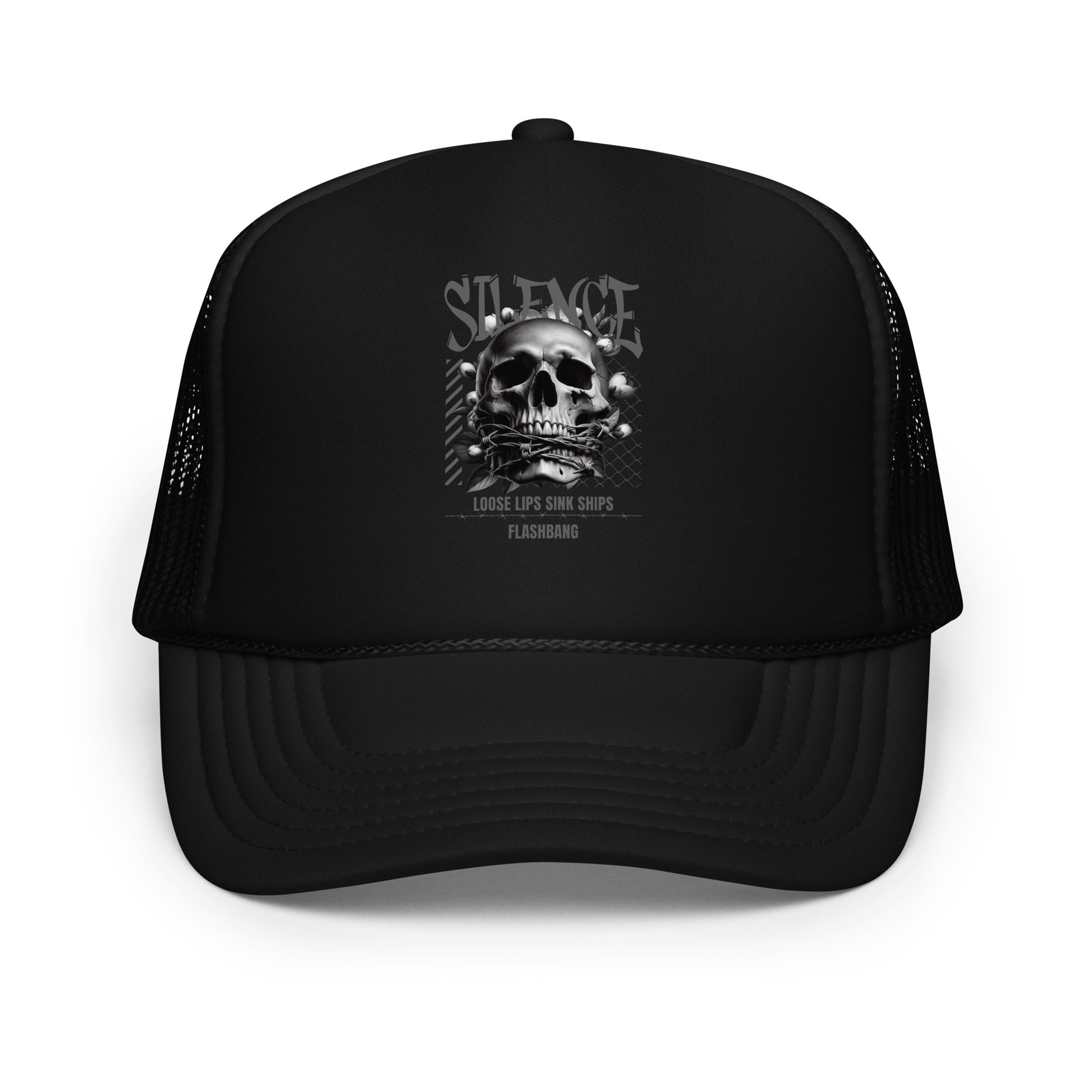 Black trucker cap with skull design and text on a white background