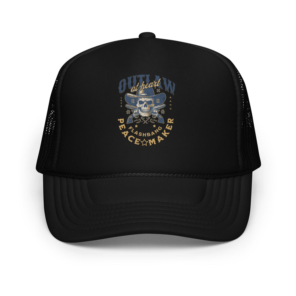 Black trucker hat with graphic design on a white background