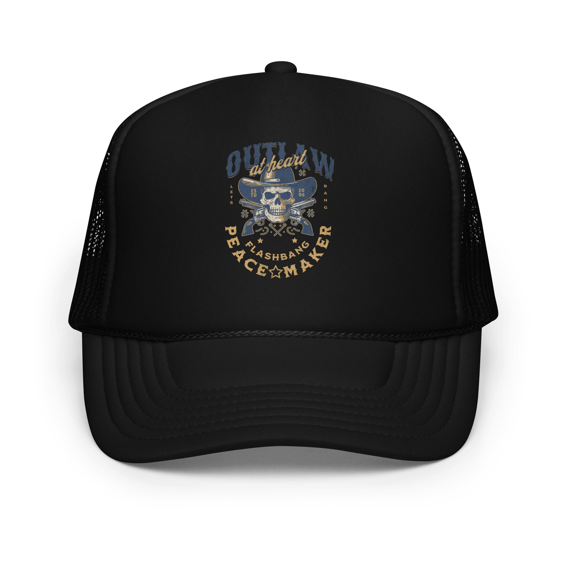 Black trucker hat with graphic design on a white background