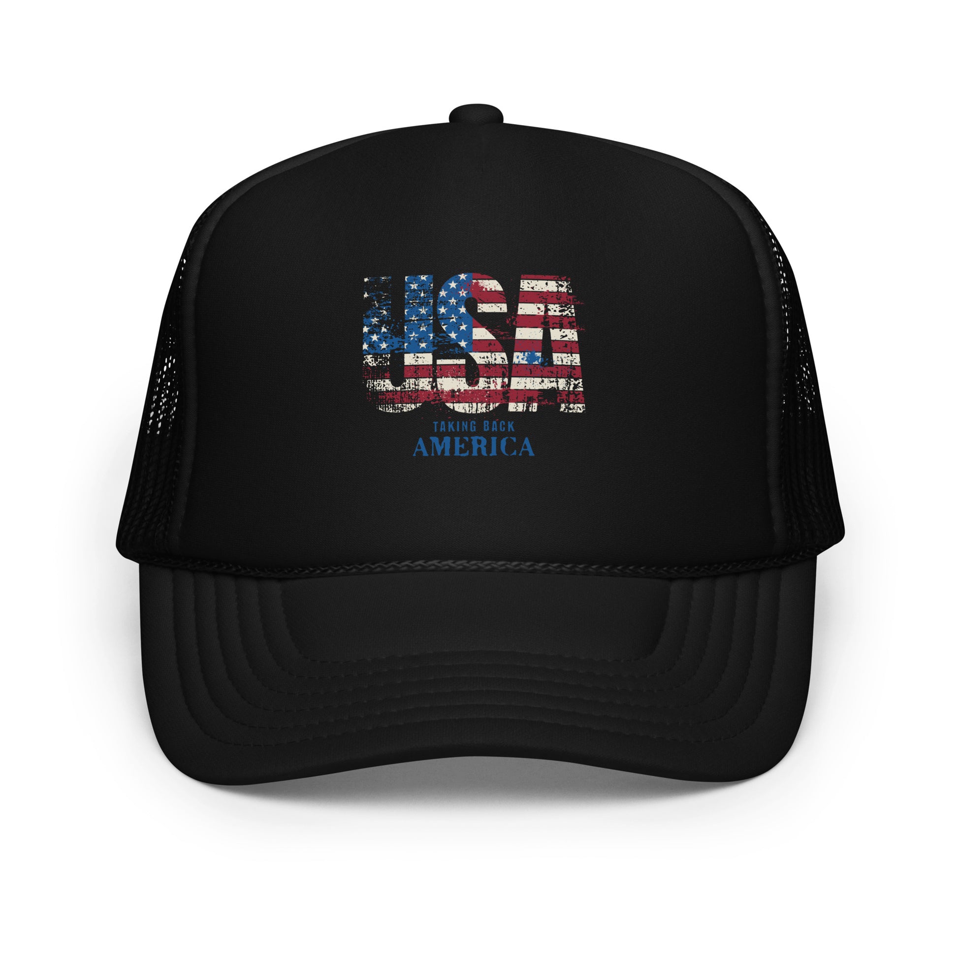 Black trucker cap with American flag design and 'AMERICA' text on a white background