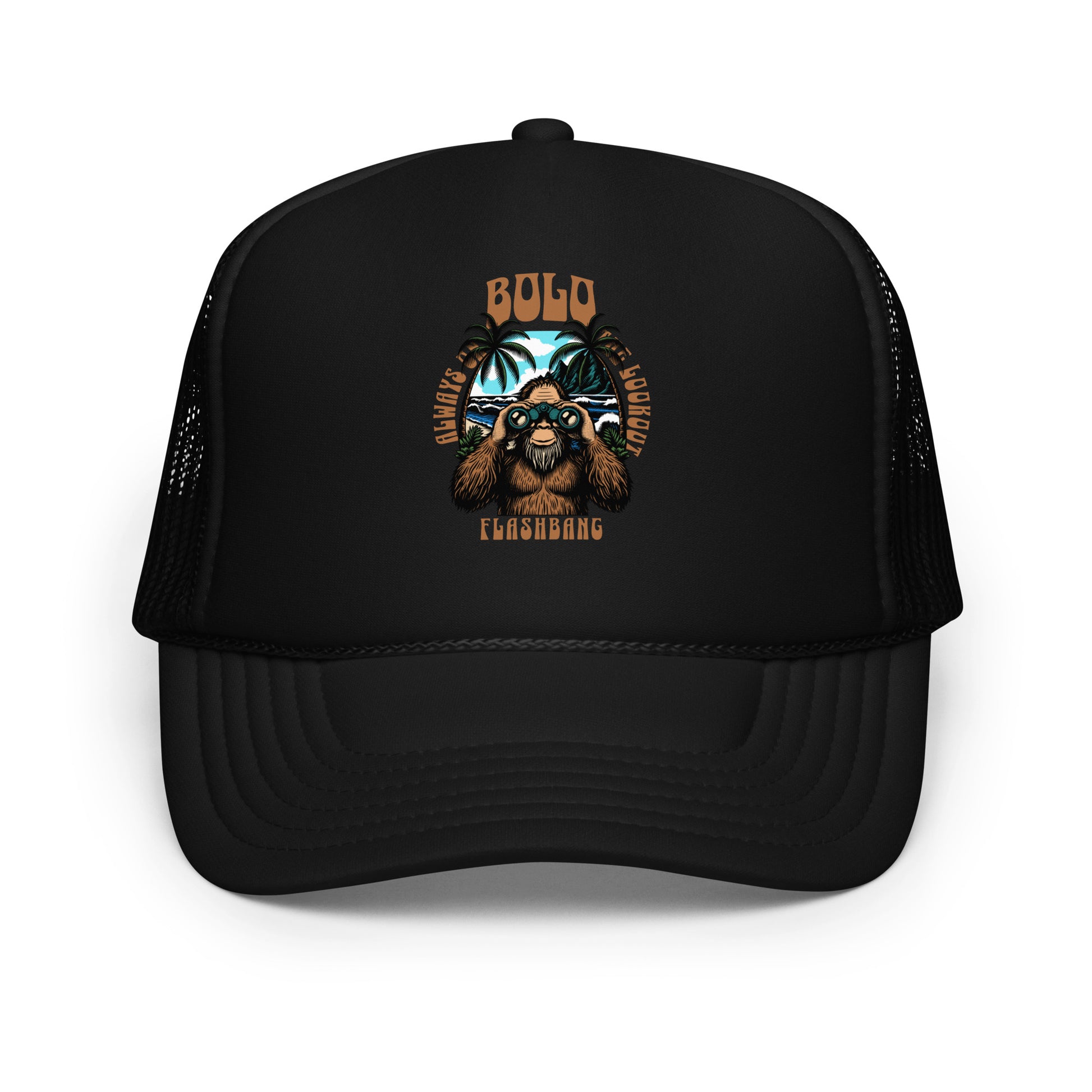 Black trucker cap with a bear graphic and text on a white background