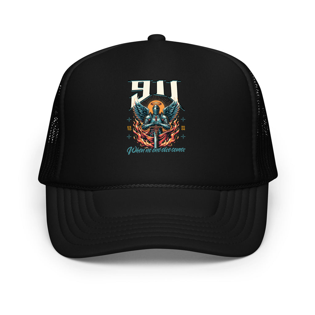 Black trucker hat with a colorful graphic design on a white background