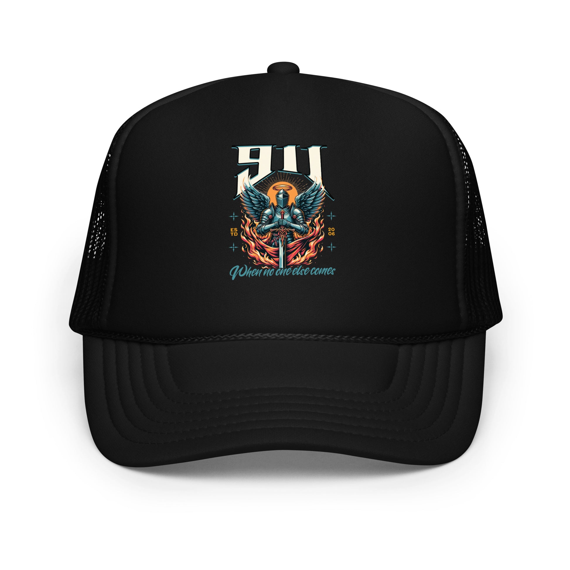 Black trucker hat with a colorful graphic design on a white background