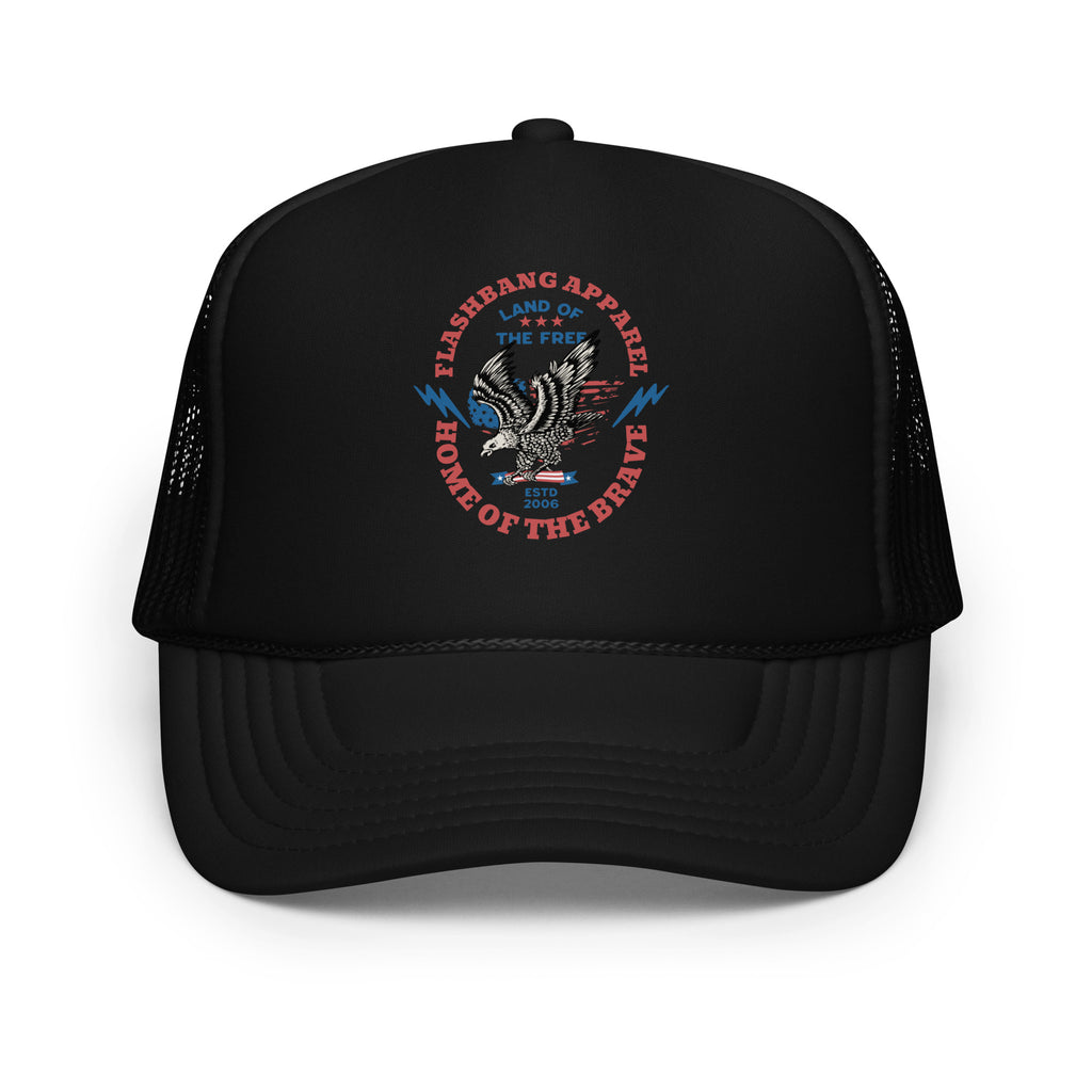 Black trucker cap with a circular logo featuring an eagle and text on a white background