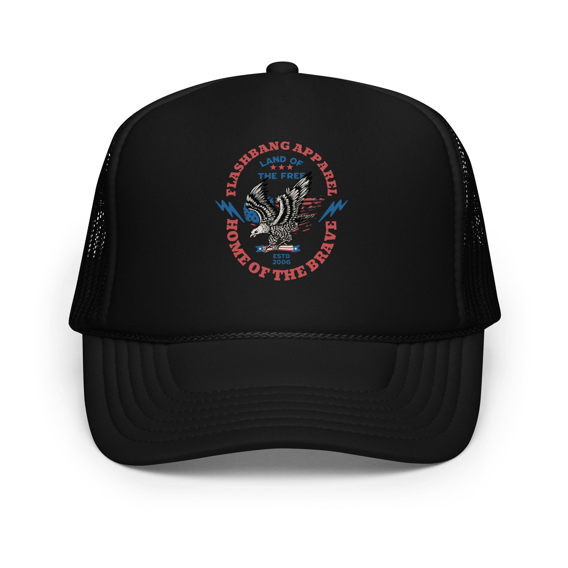 Black trucker cap with a circular logo featuring an eagle and text on a white background