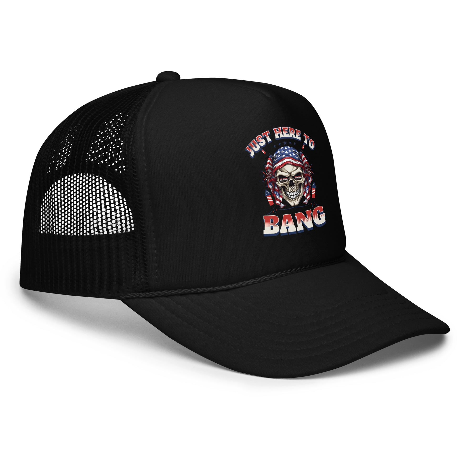 Black trucker cap with skull design and text on a white background