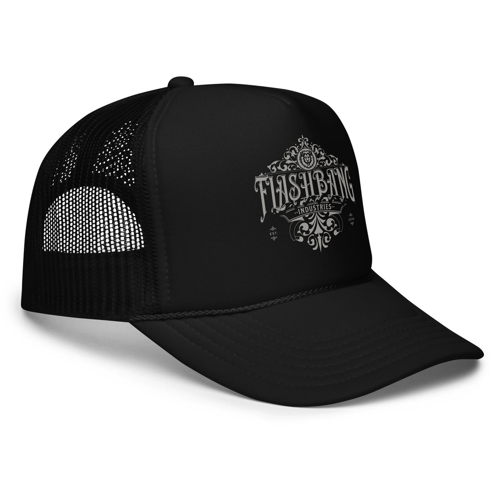Black trucker cap with mesh back and 'Flashbang' logo on a white background