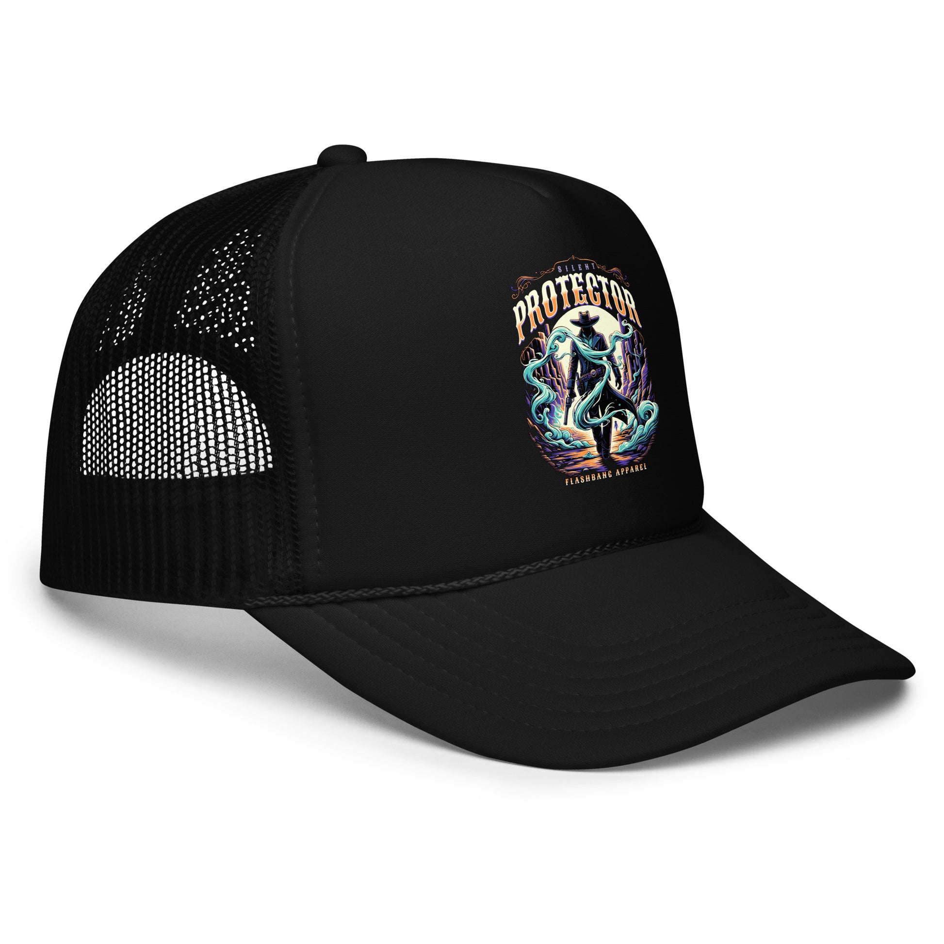 Black trucker cap with a colorful graphic design on a white background