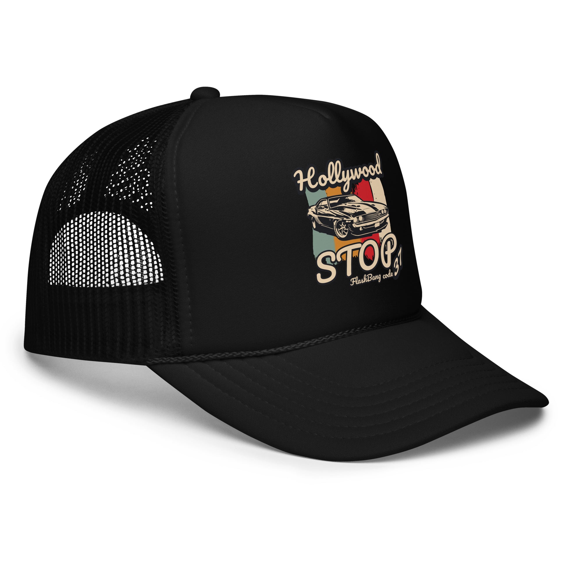 Black trucker cap with 'Hollywood Stoo' design on a white background