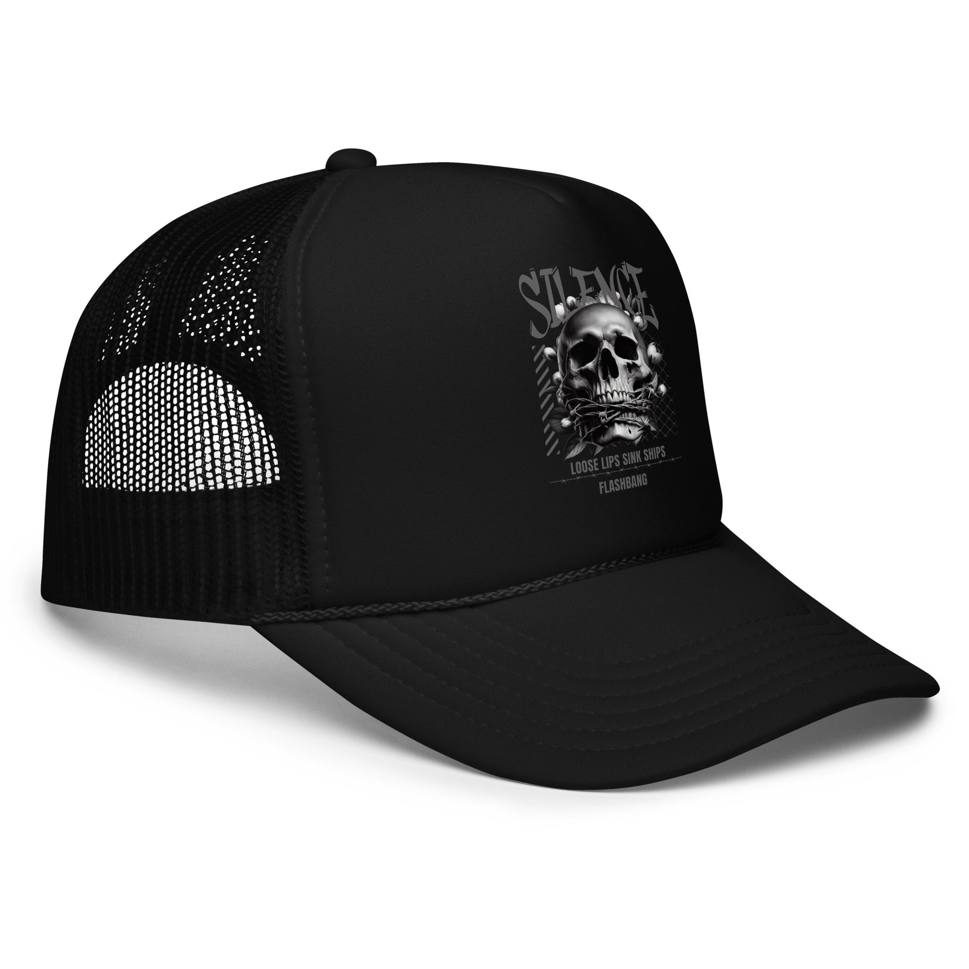 Black trucker cap with skull design and text on a white background