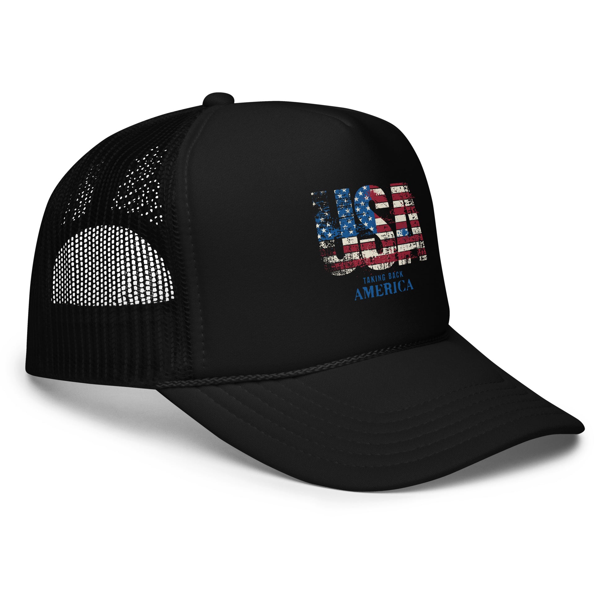 Black trucker cap with American flag design on a white background