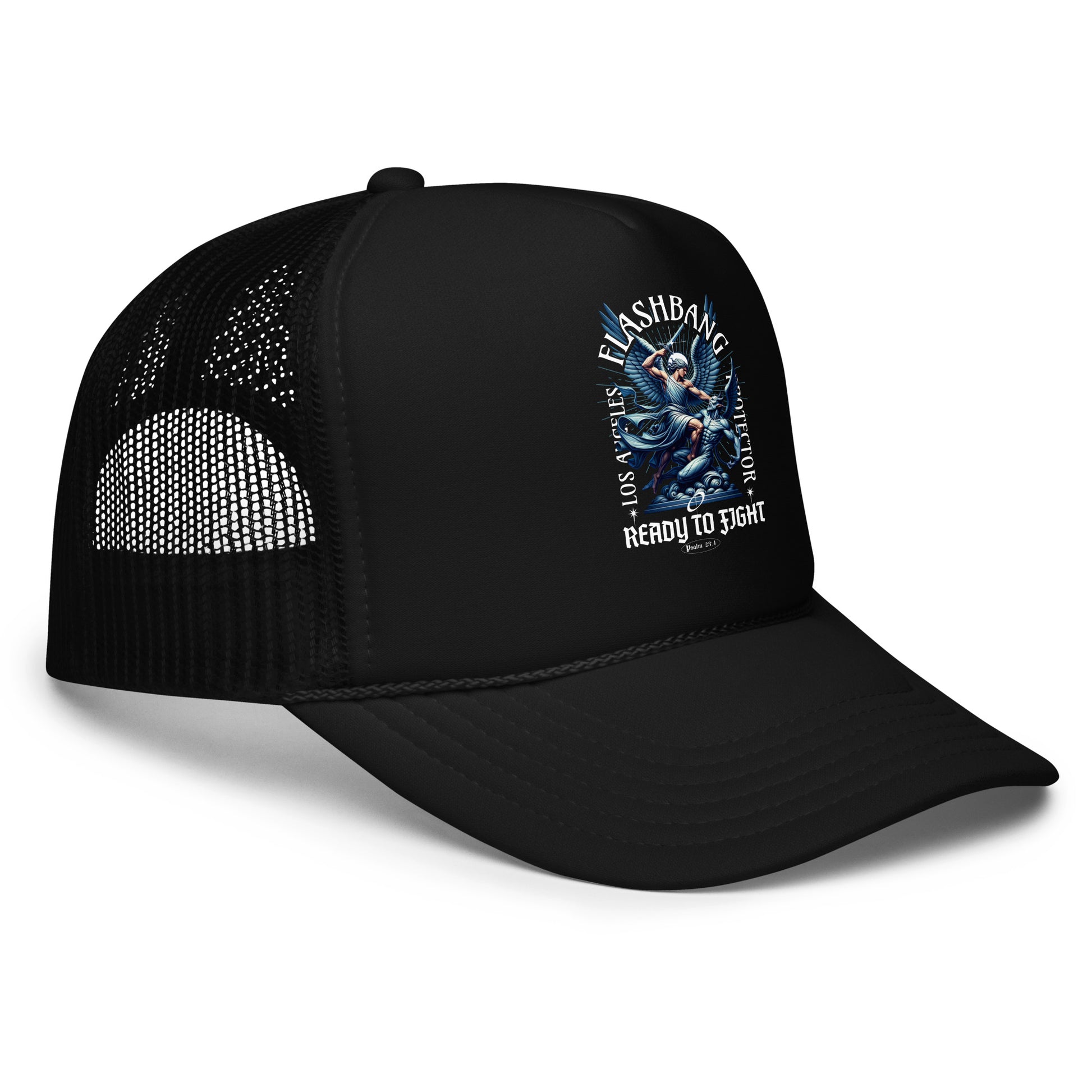 Black trucker cap with mesh back and graphic design on a white background