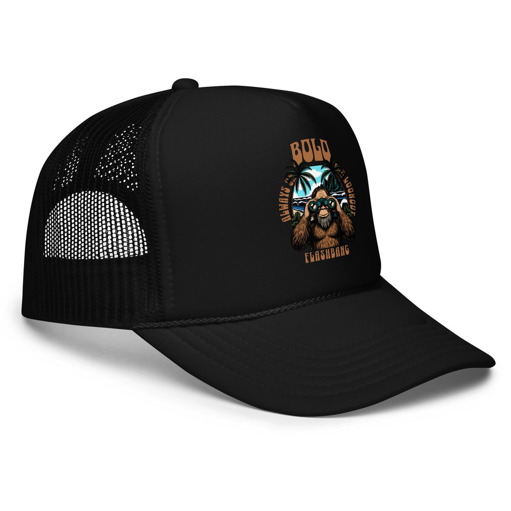 Black trucker cap with a graphic design on a white background