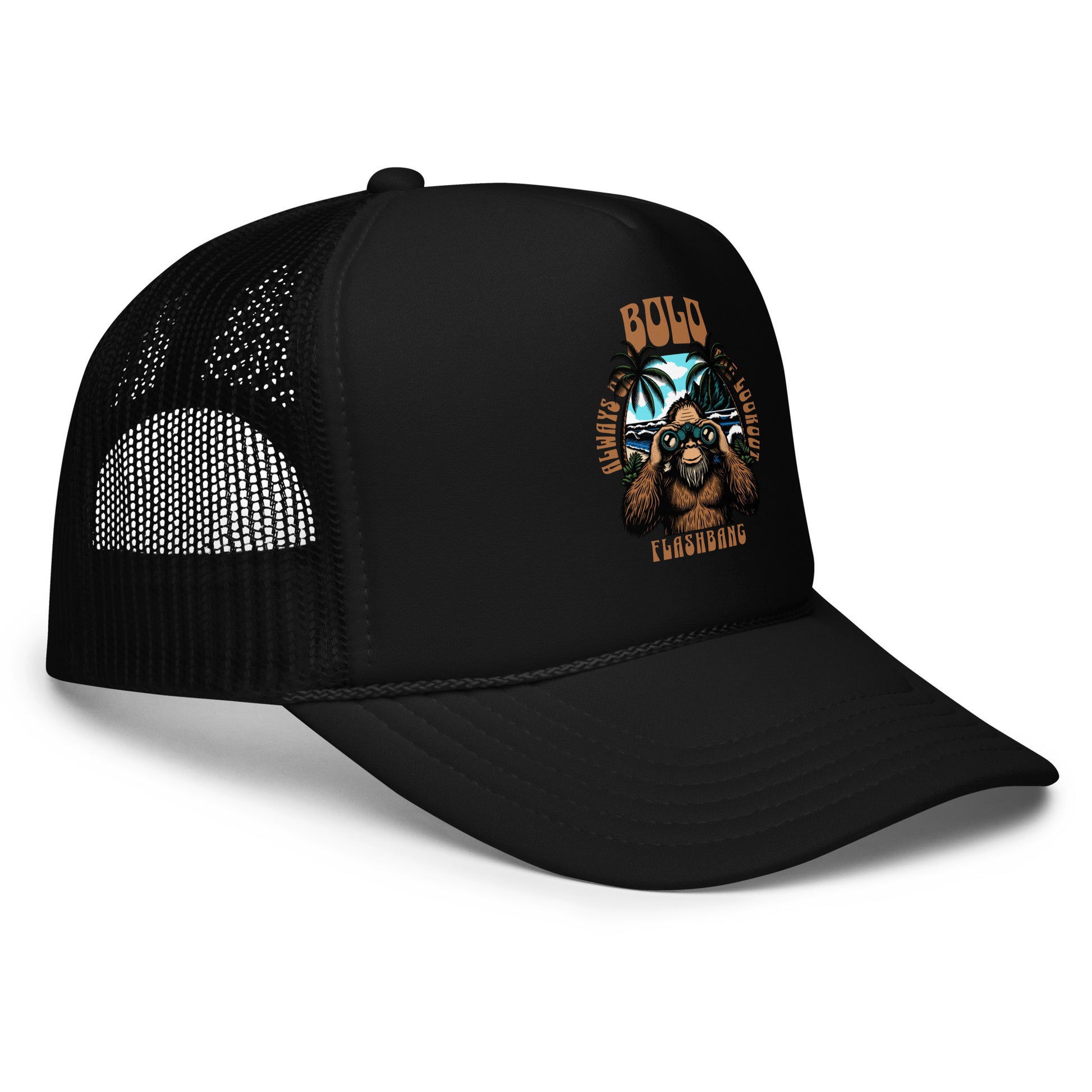 Black trucker cap with a graphic design on a white background