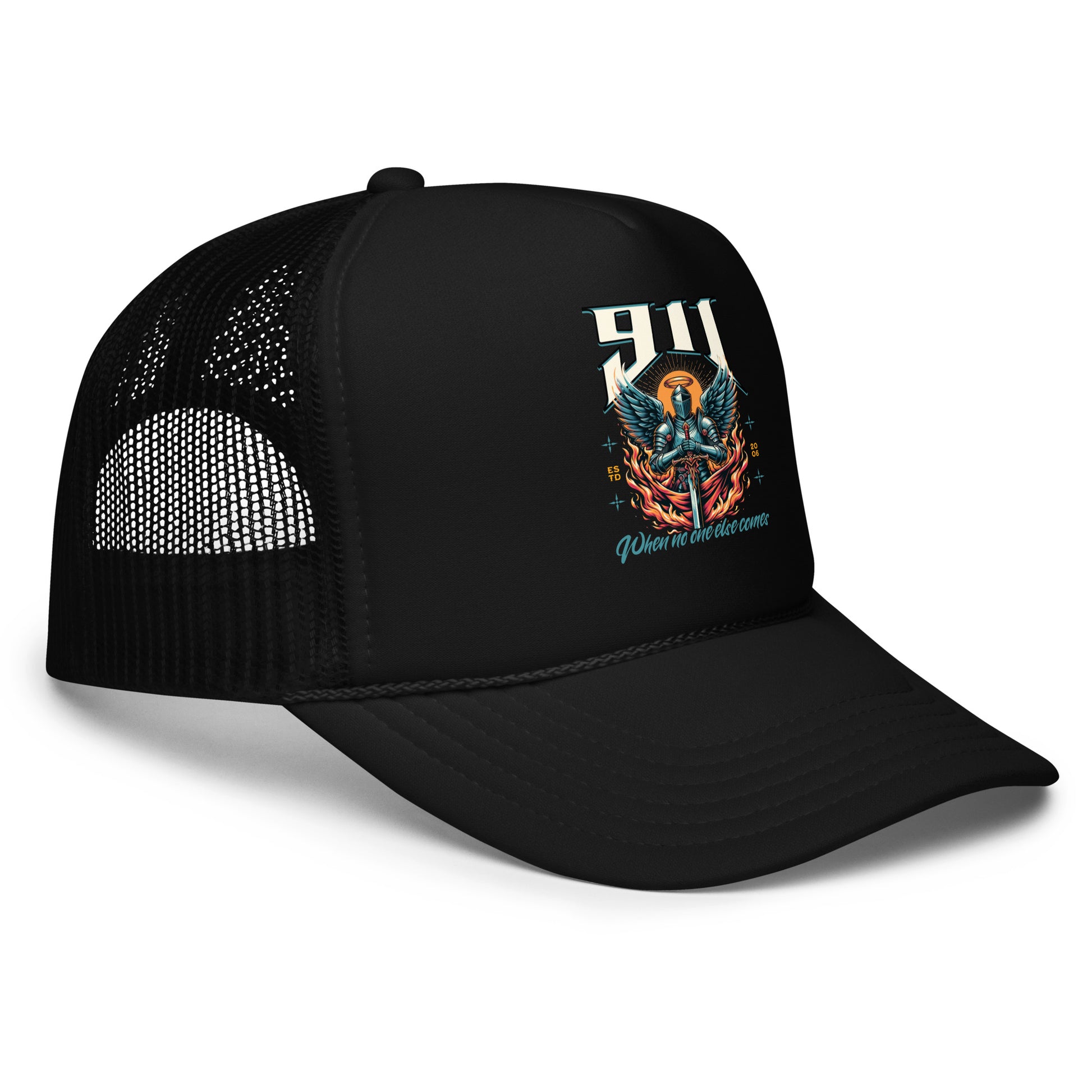 Black trucker cap with a graphic design on a white background