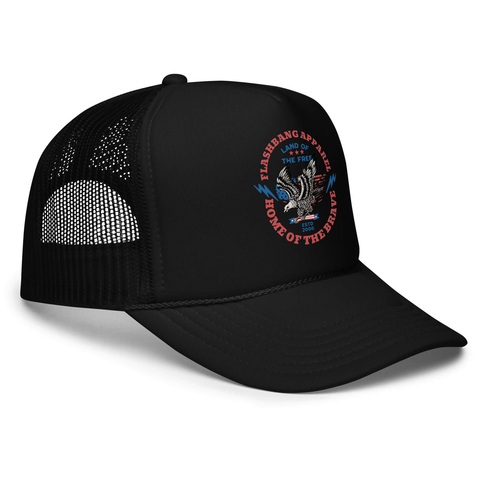 Black trucker cap with embroidered design on a white background