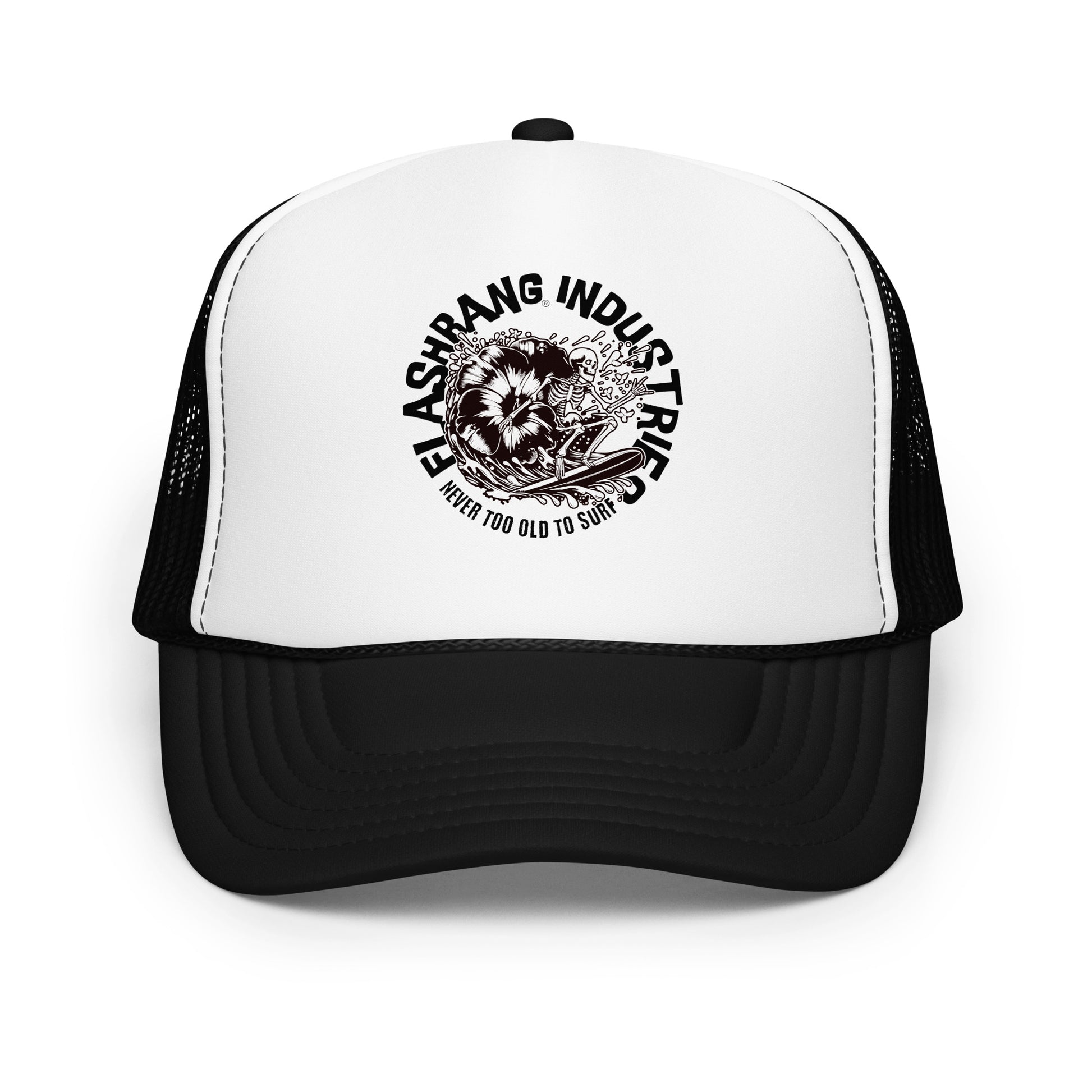 Black and white trucker hat with graphic design and text on a white background
