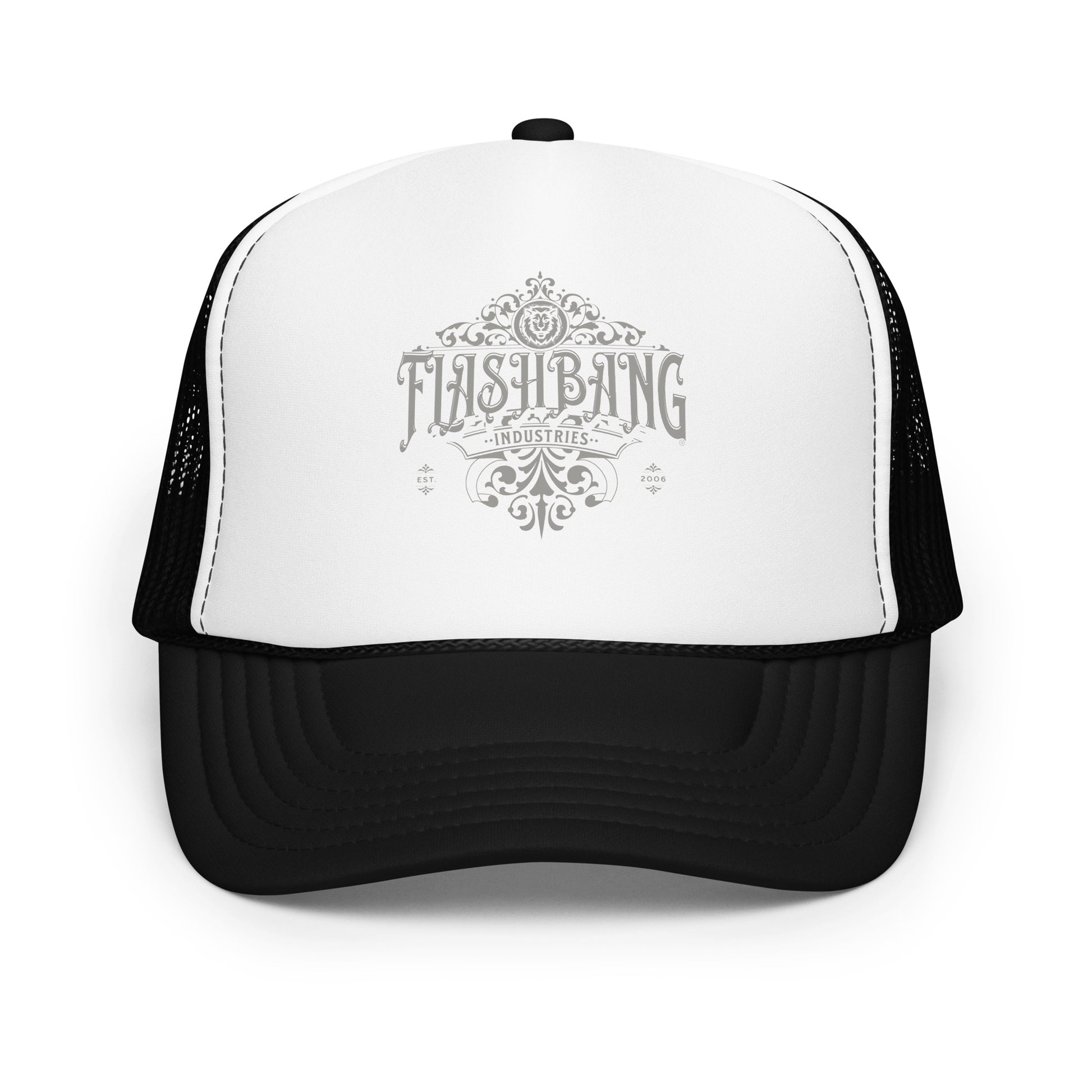 Black and white trucker hat with 'Flashback Industries' logo on a white background