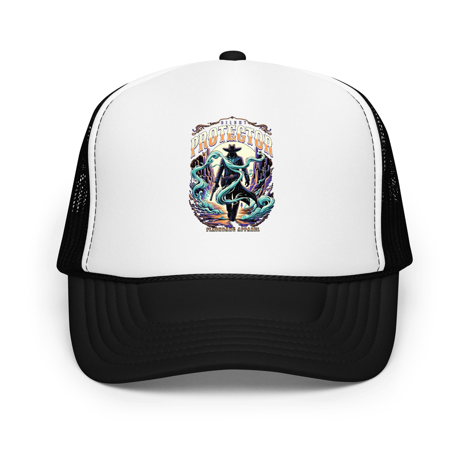 Trucker hat with colorful graphic design on a white background