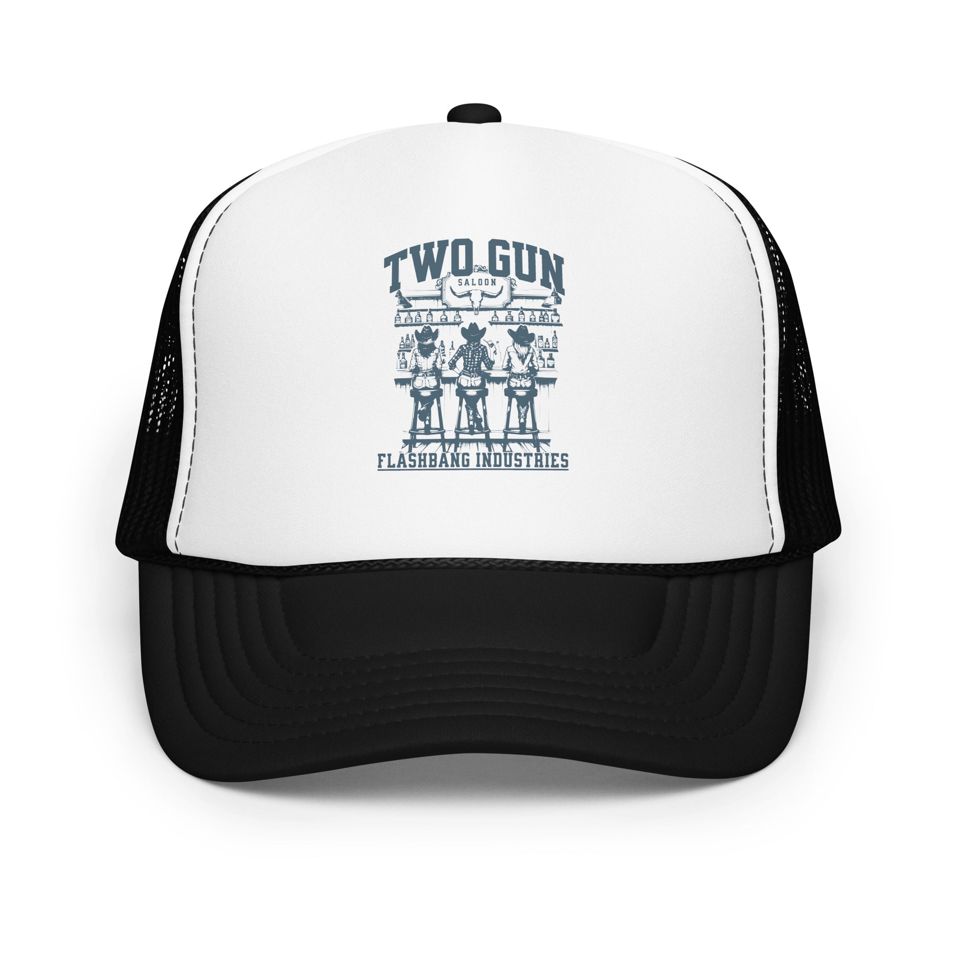Black and white trucker hat with 'Two Gun' and 'Flashbang Industries' text on a white background