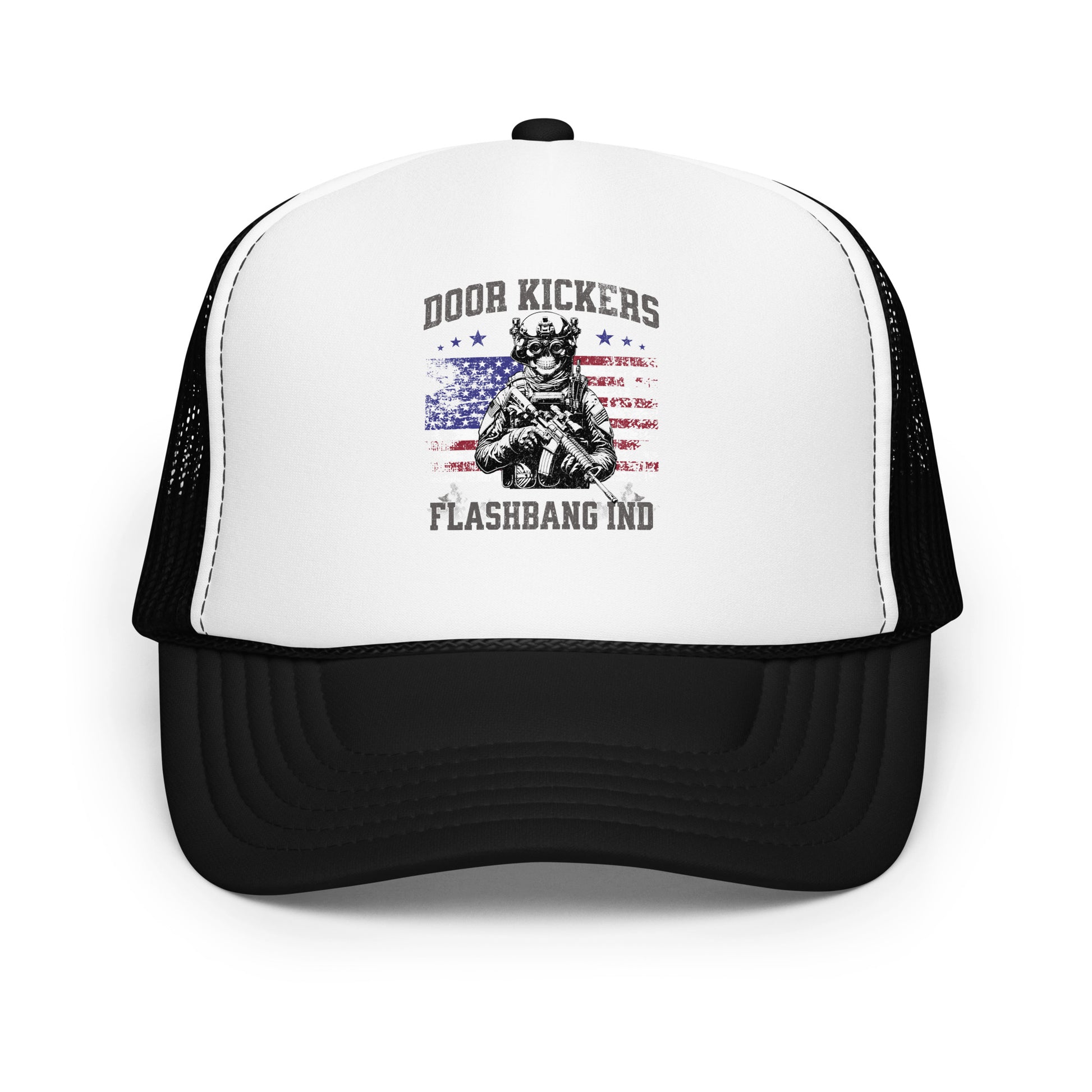 Trucker hat with American flag design and text on a white background