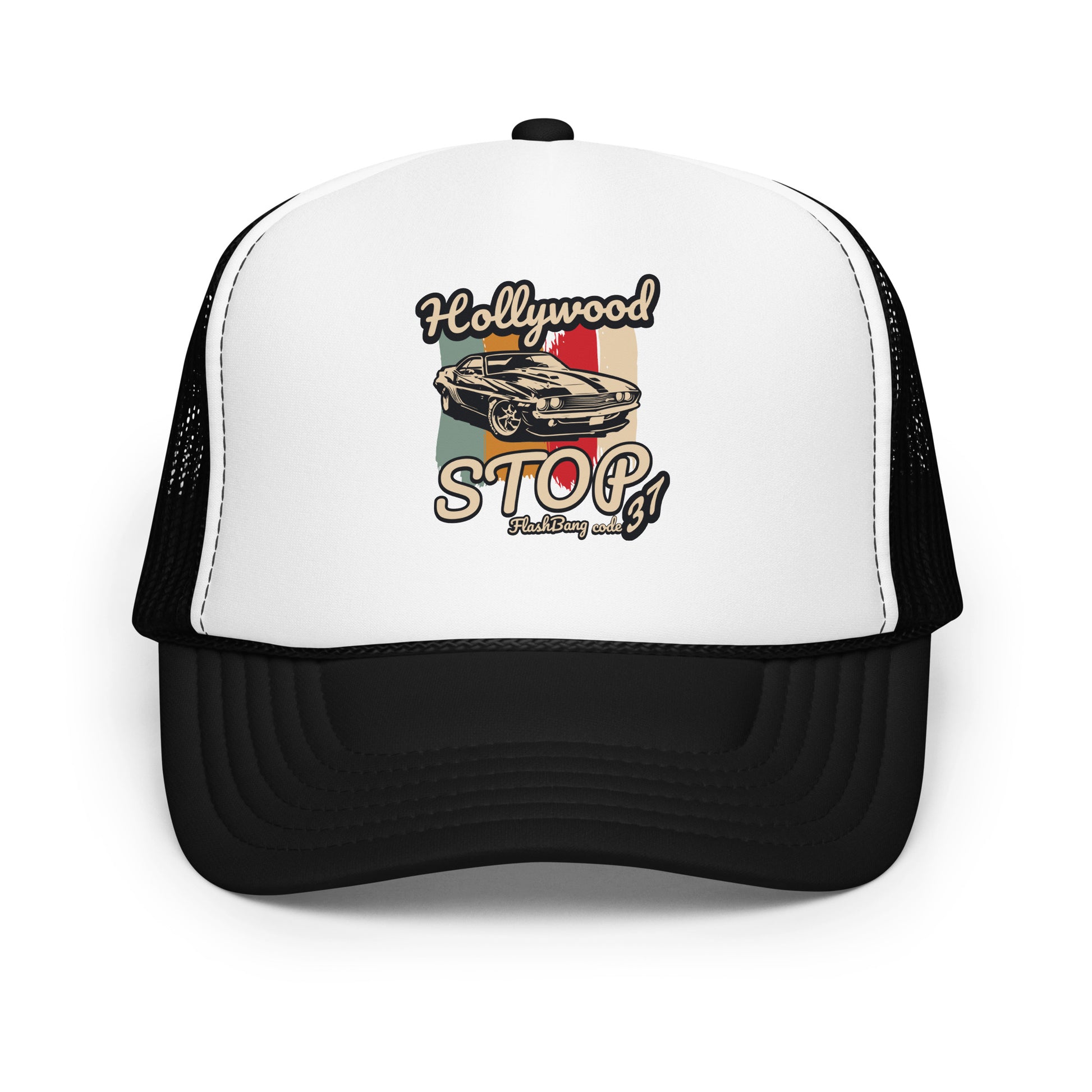 Trucker hat with 'Hollywood Stop' graphic design on a white background