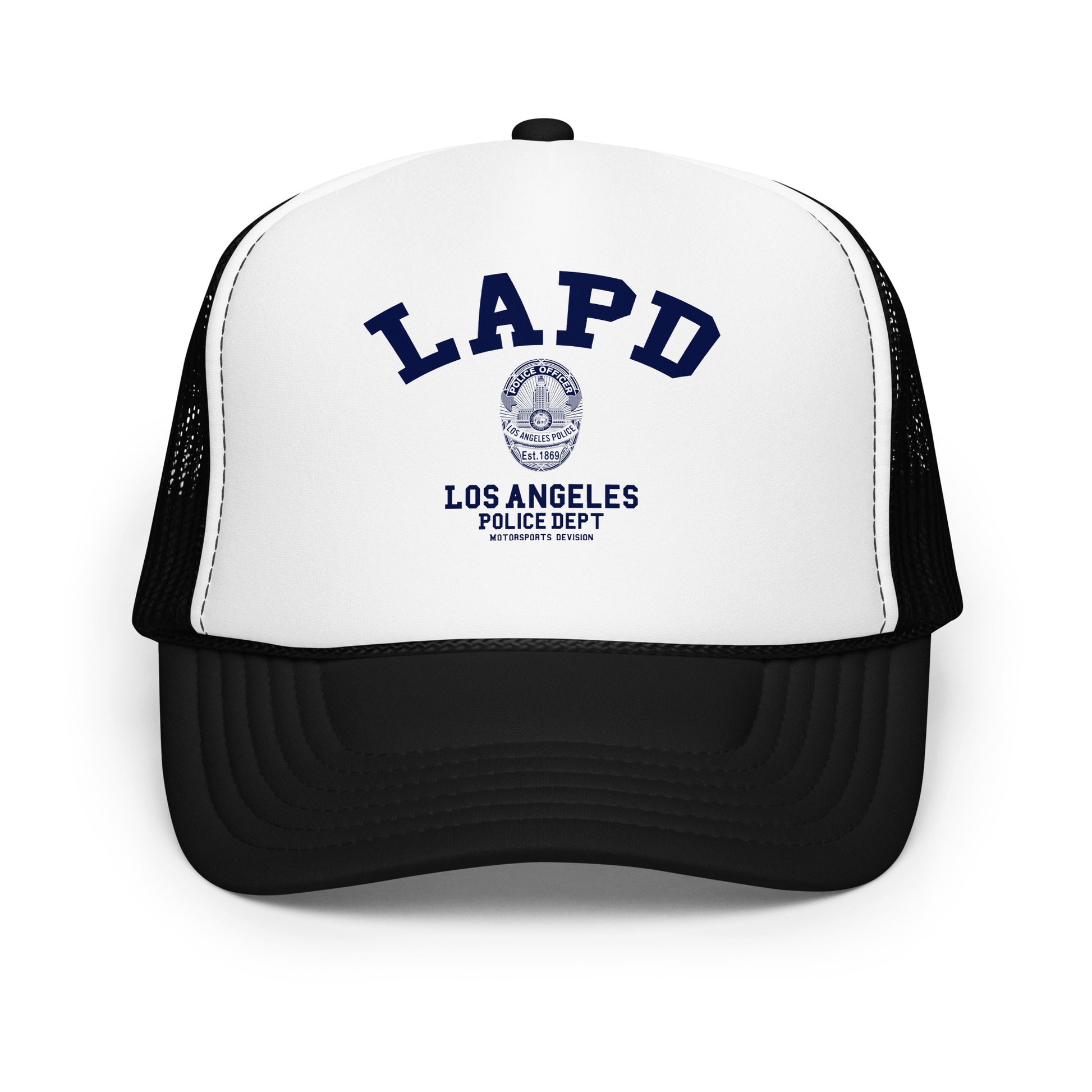 Trucker hat with LAPD Los Angeles Police Dept logo on a white background