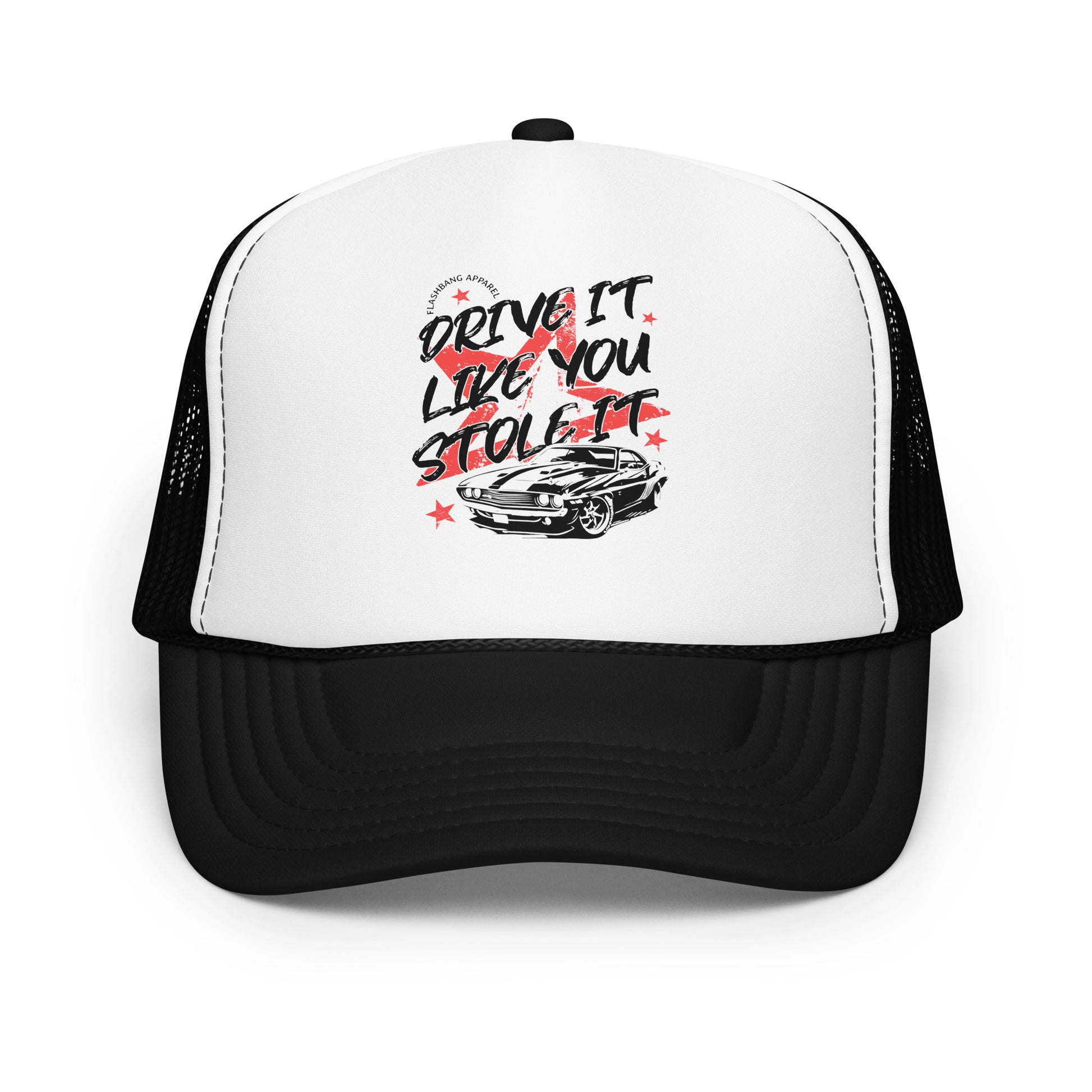 Trucker hat with graphic design and text on a white background