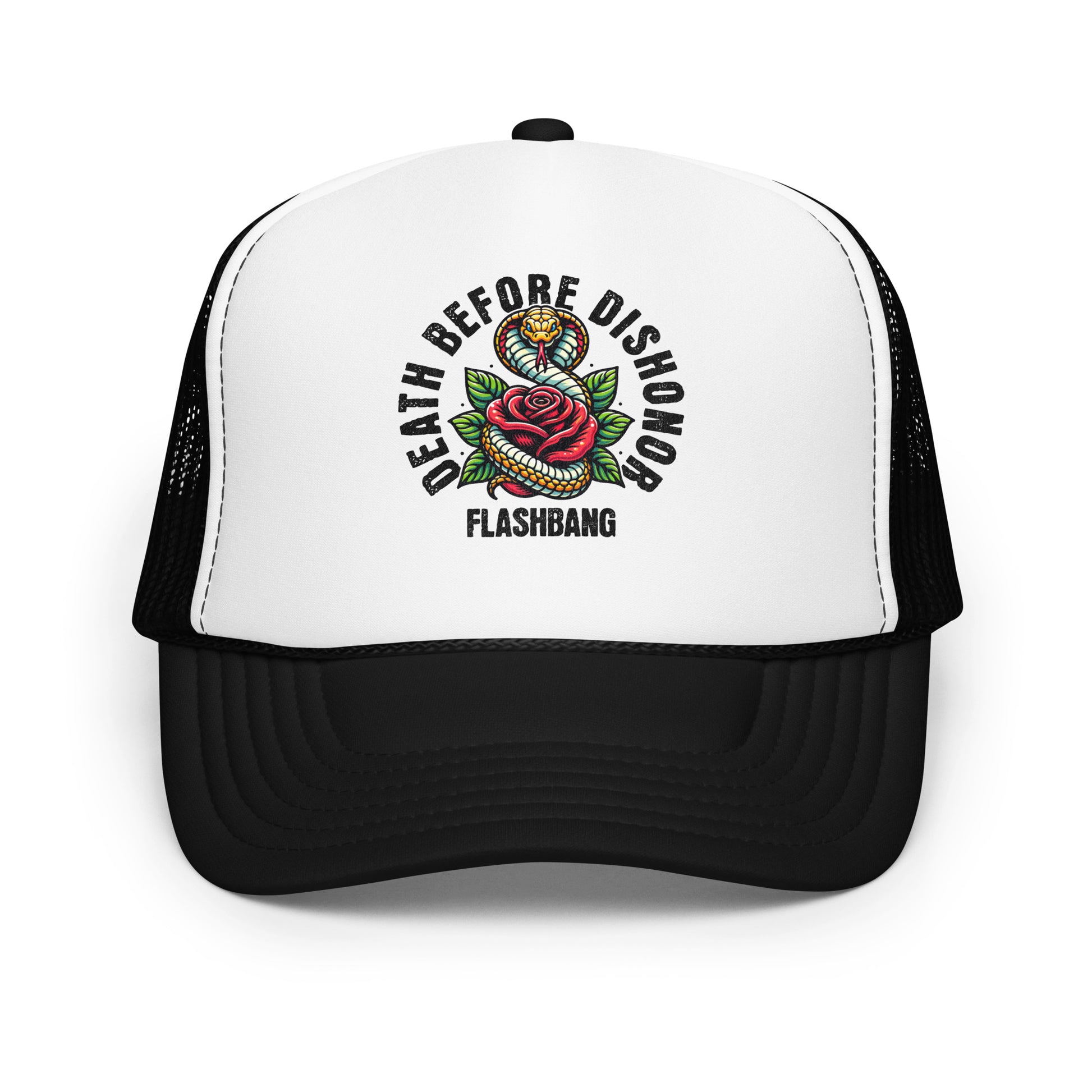 Trucker hat with 'Death Before Dishonor Flashbang' design on a white background