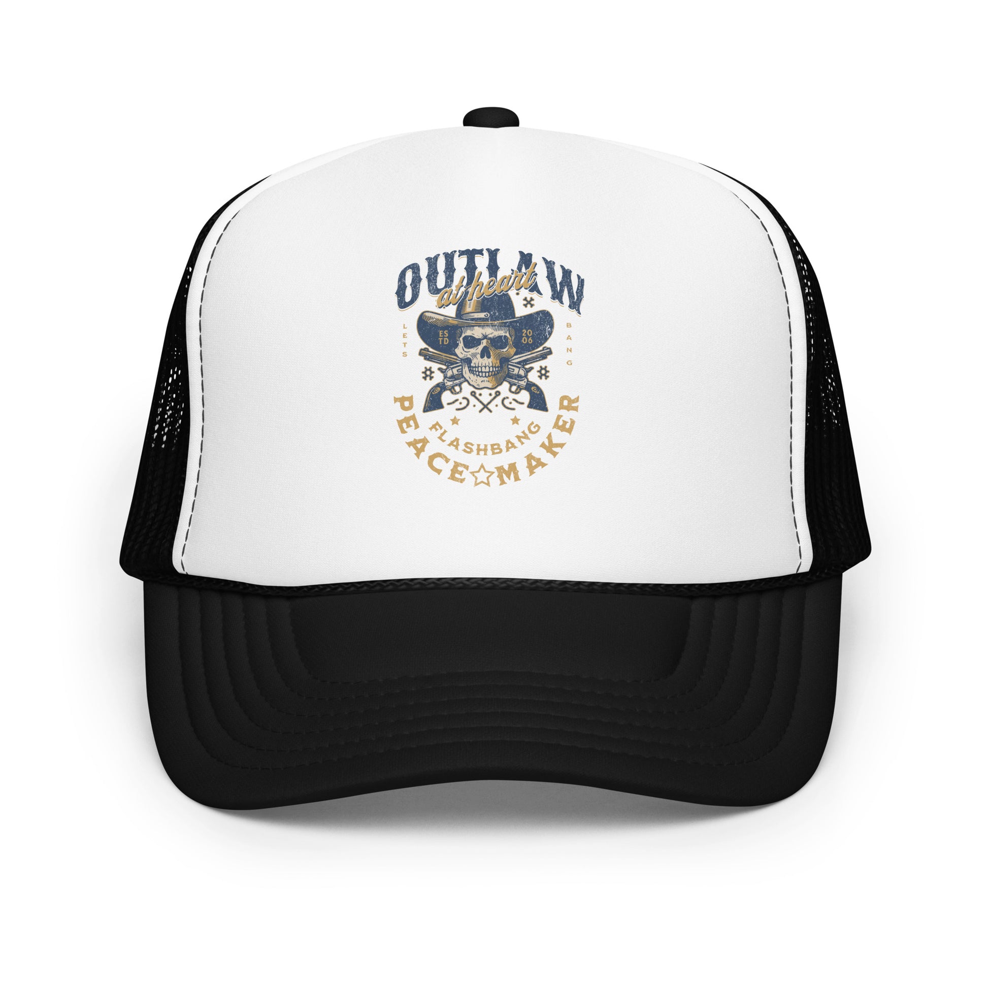 Trucker hat with cowboy graphic and text on a white background