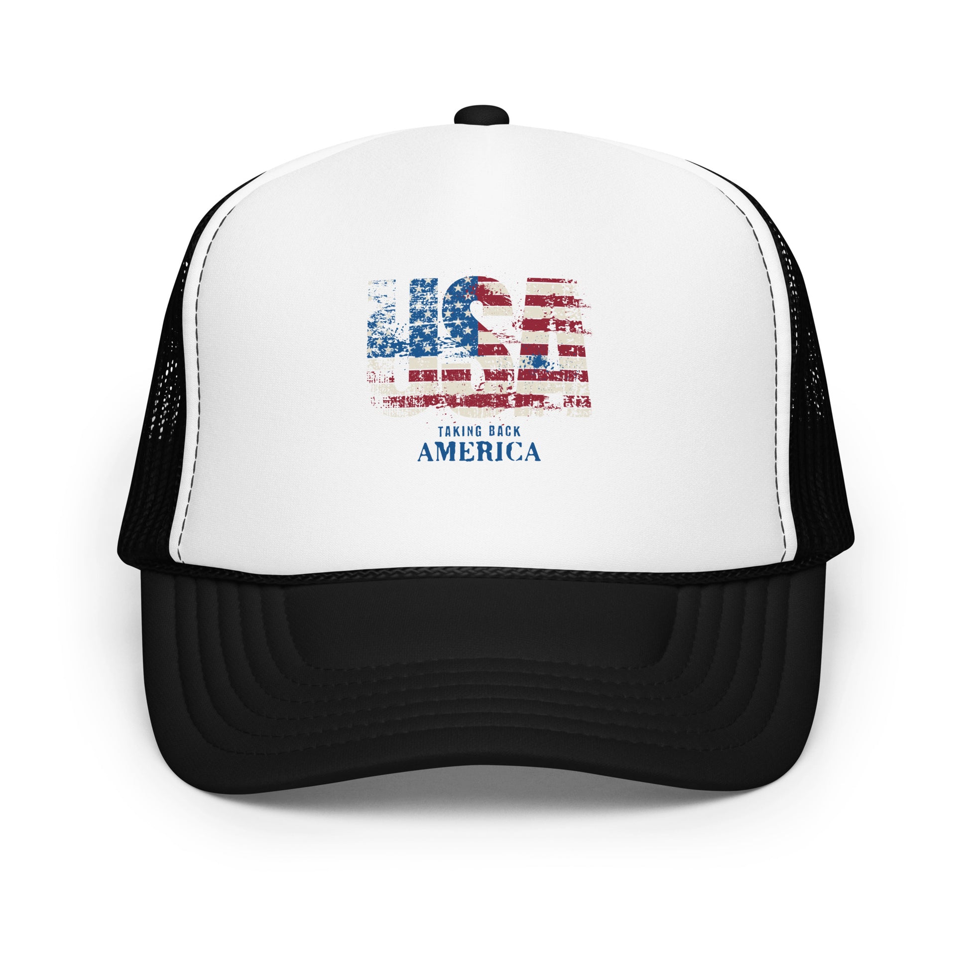 Trucker hat with American flag design and text on a white background