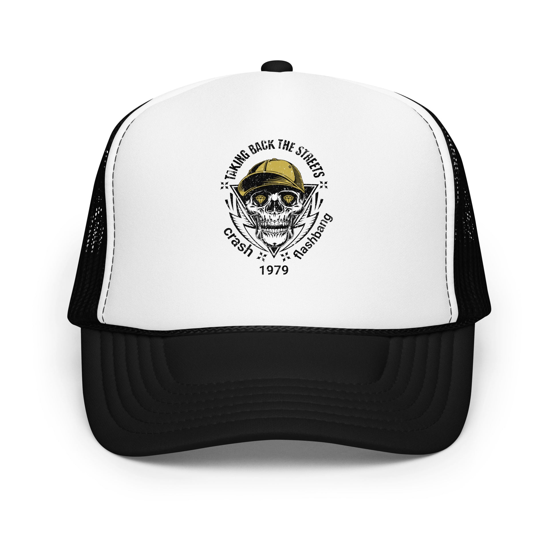 Trucker hat with skull and text design on a white background