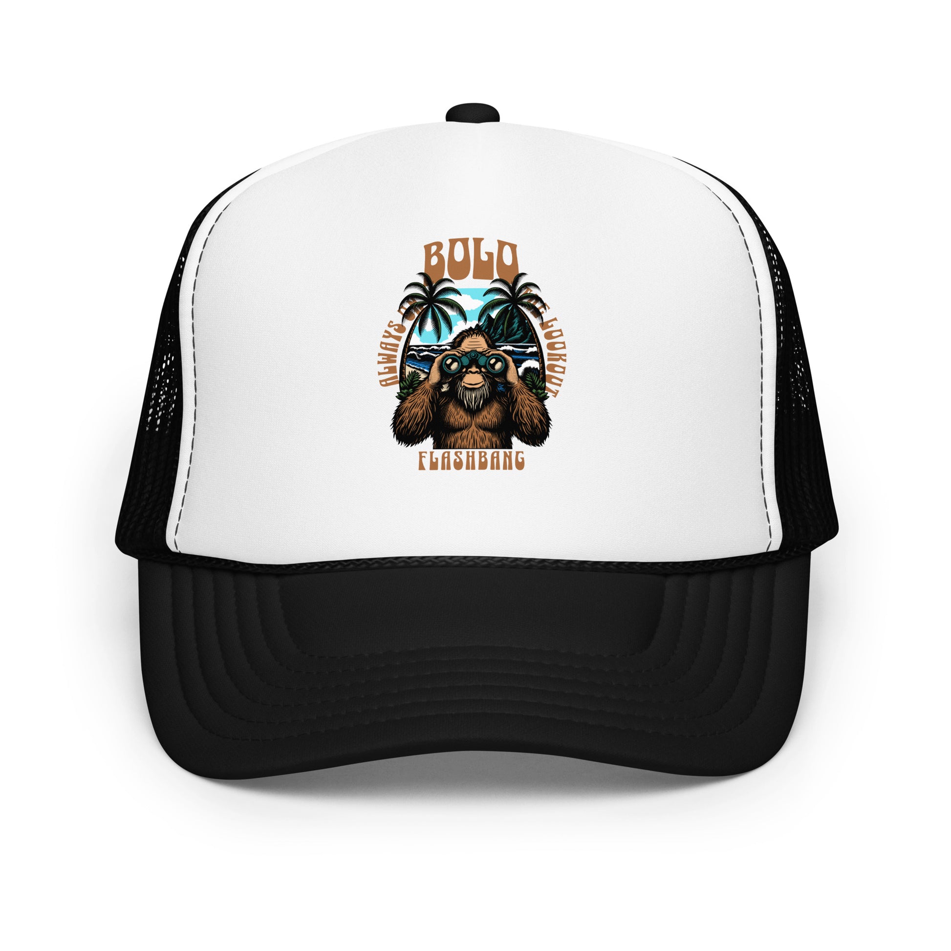 Trucker hat with a graphic design of a dog and text on a white background