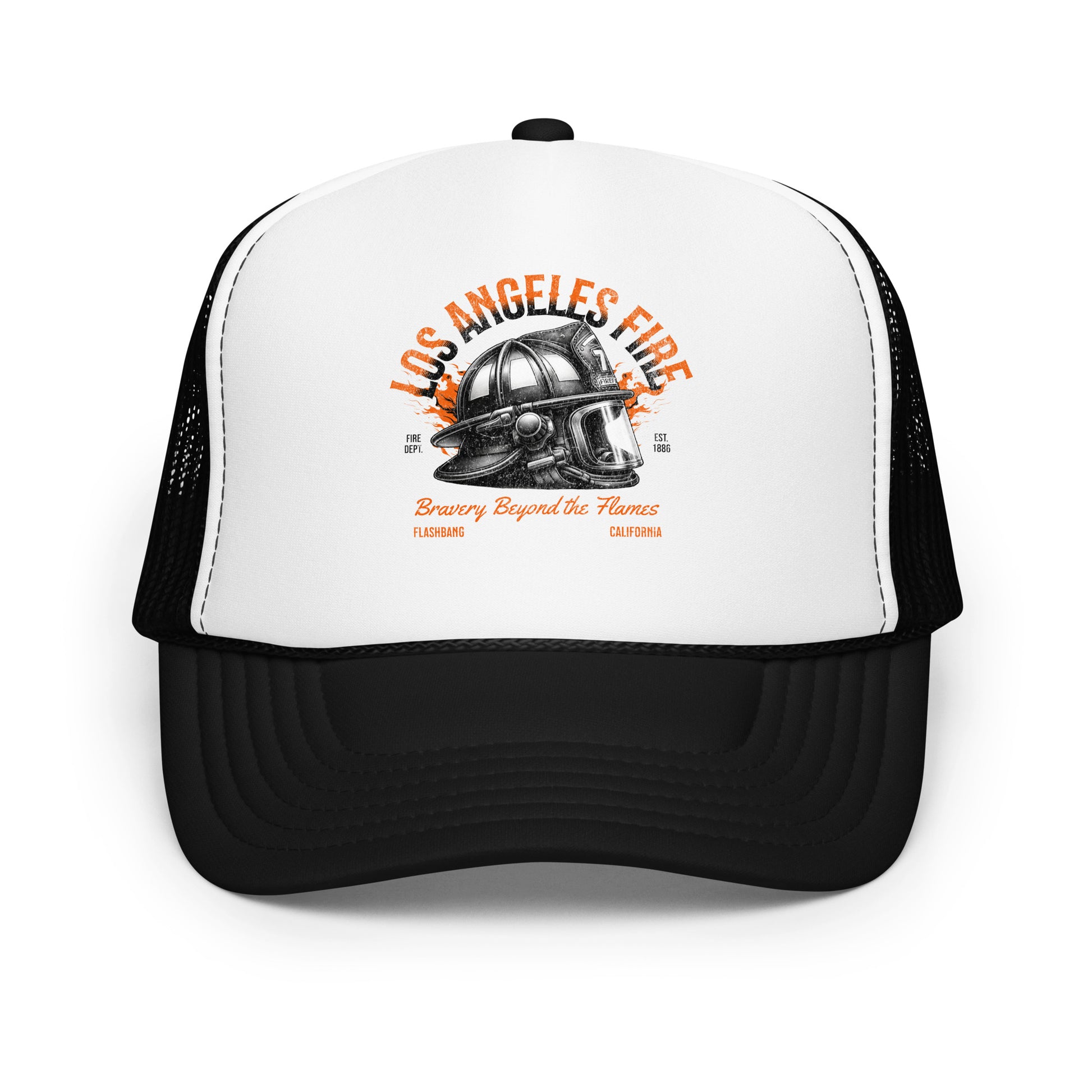 Trucker hat with 'Los Angeles Fire' design on a white background