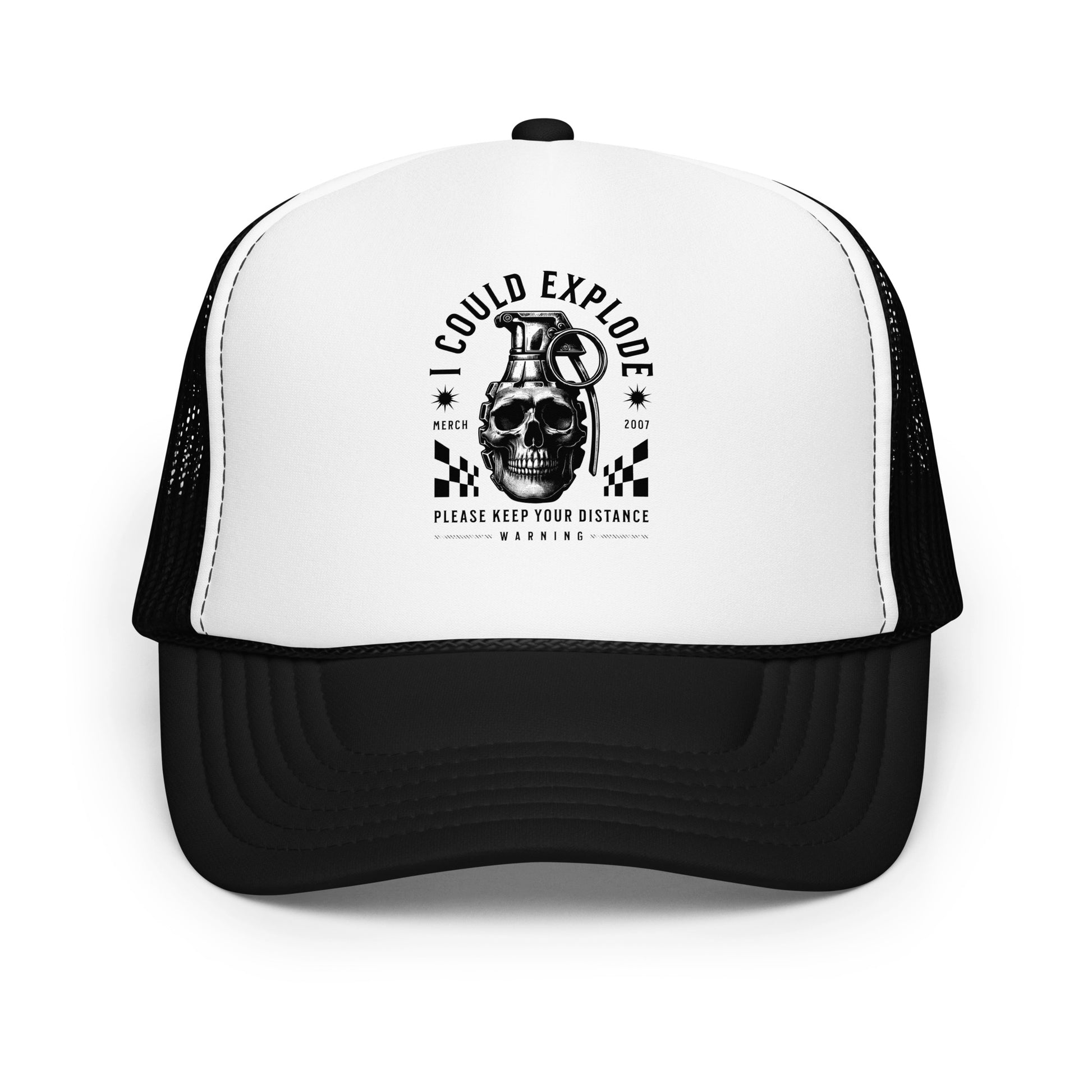 Black and white cap with a graphic design on a white background