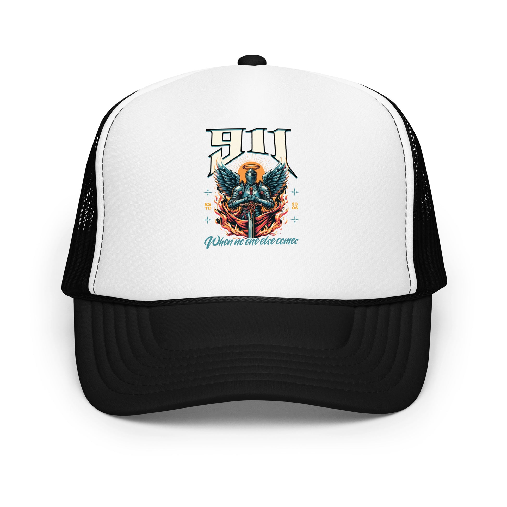 Trucker hat with graphic design on a white background