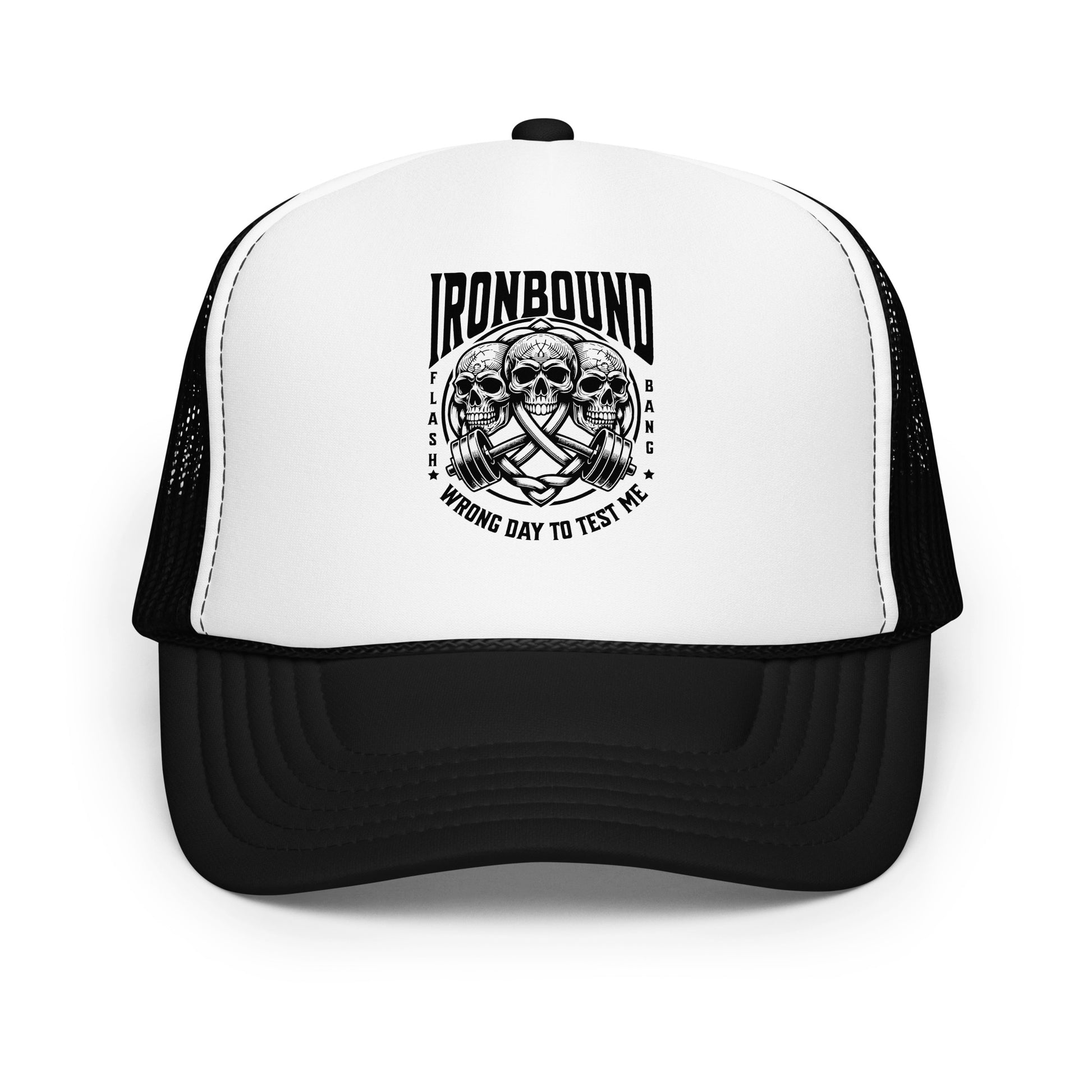 Black and white trucker hat with skull design and text on a white background