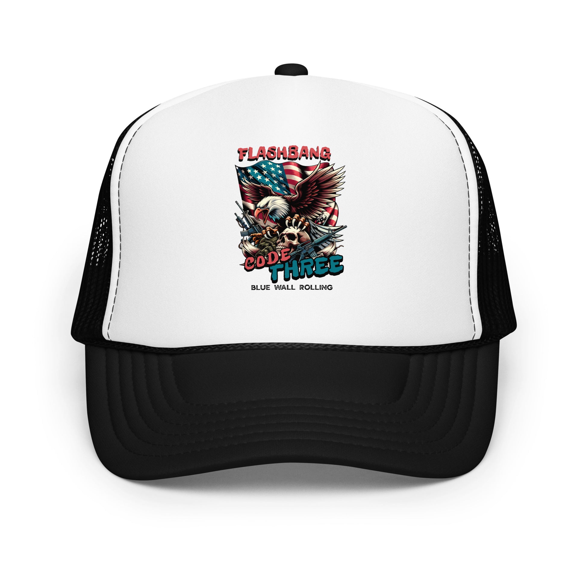 Trucker hat with graphic design on a white background