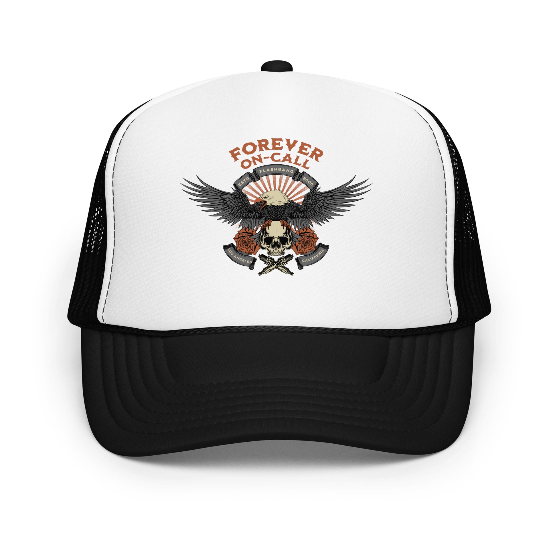 Trucker hat with eagle and skull design on a white background