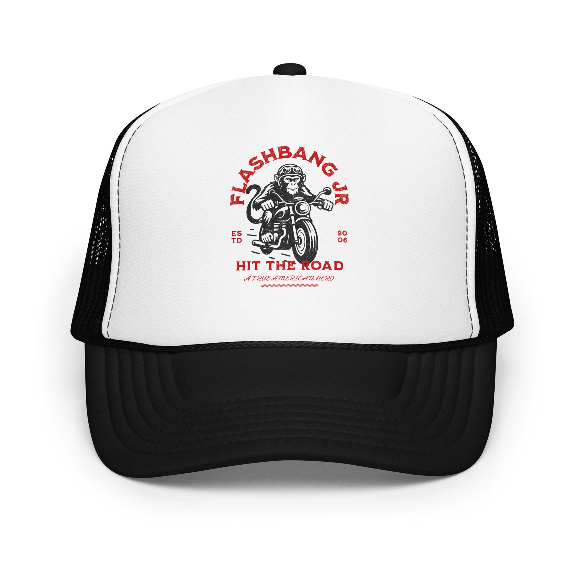 Black and white cap with red graphic and text on a white background